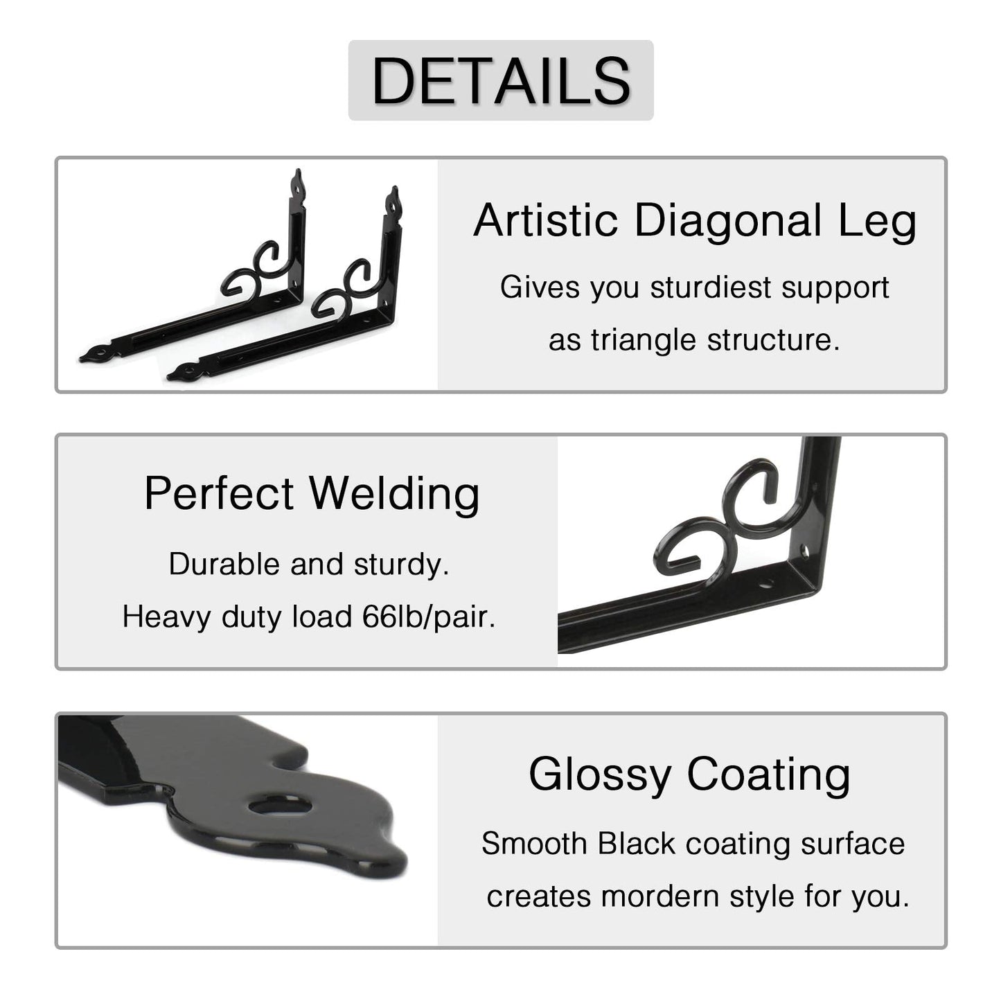 OVOV Shelf Brackets 4 Pcs Heavy Duty Decorative 8 Inch Black Right Angle Shelving Brackets Wall Mounted Shelf Supports for DIY Home Kitchen Living Room