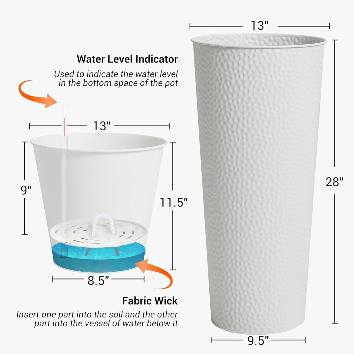 Worth 2 Pack 28" Tall Narrow Metal Planter with Inside Pot for Indoors or Outdoors, Deck, Patio or Front Porch, Hand-Hammered Texture, White
