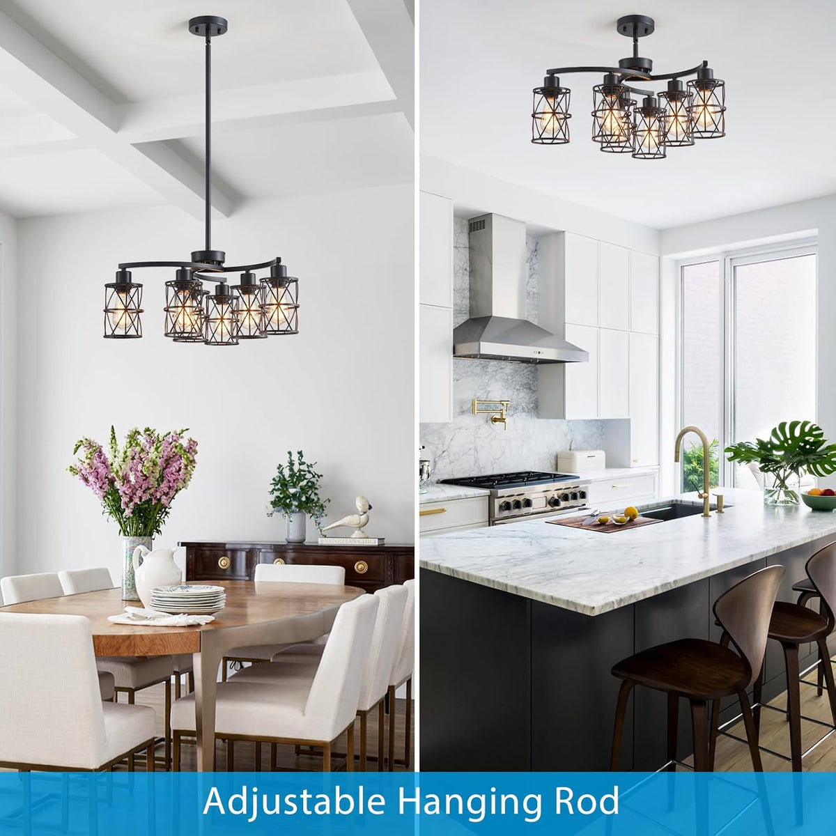 XINGQI Modern Black Chandelier 6-Light Pendant Lighting Fixture with Metal Shade 24" Height Adjustable for Dining Room Living Room Bedroom