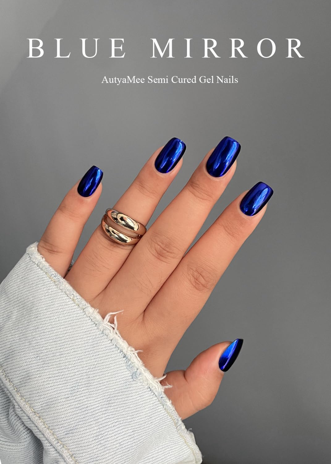 AutyaMee Semi Cured Gel Nail Strips (Blue Mirror), Chrome, 20 Pcs Gel Nail Wraps, Stickers, Salon Quality, Long Lasting, Works with Any UV Lamps
