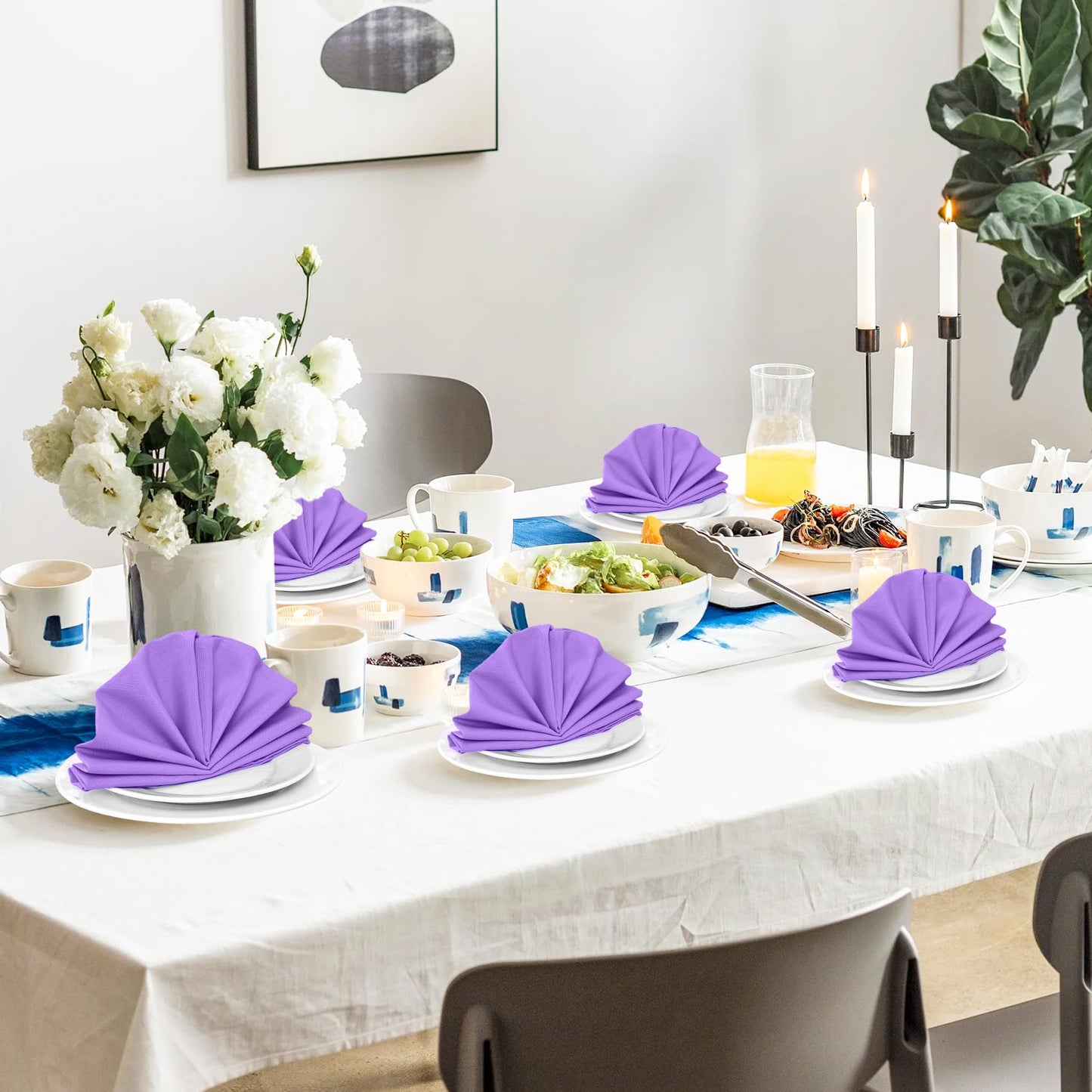 SuperO Set of 80 Cloth Napkins 17 x 17 Inch, Polyester Solid Washable Dinner Napkins with Hemmed Edges,Great for Restaurant, Wedding and Party(Purple)