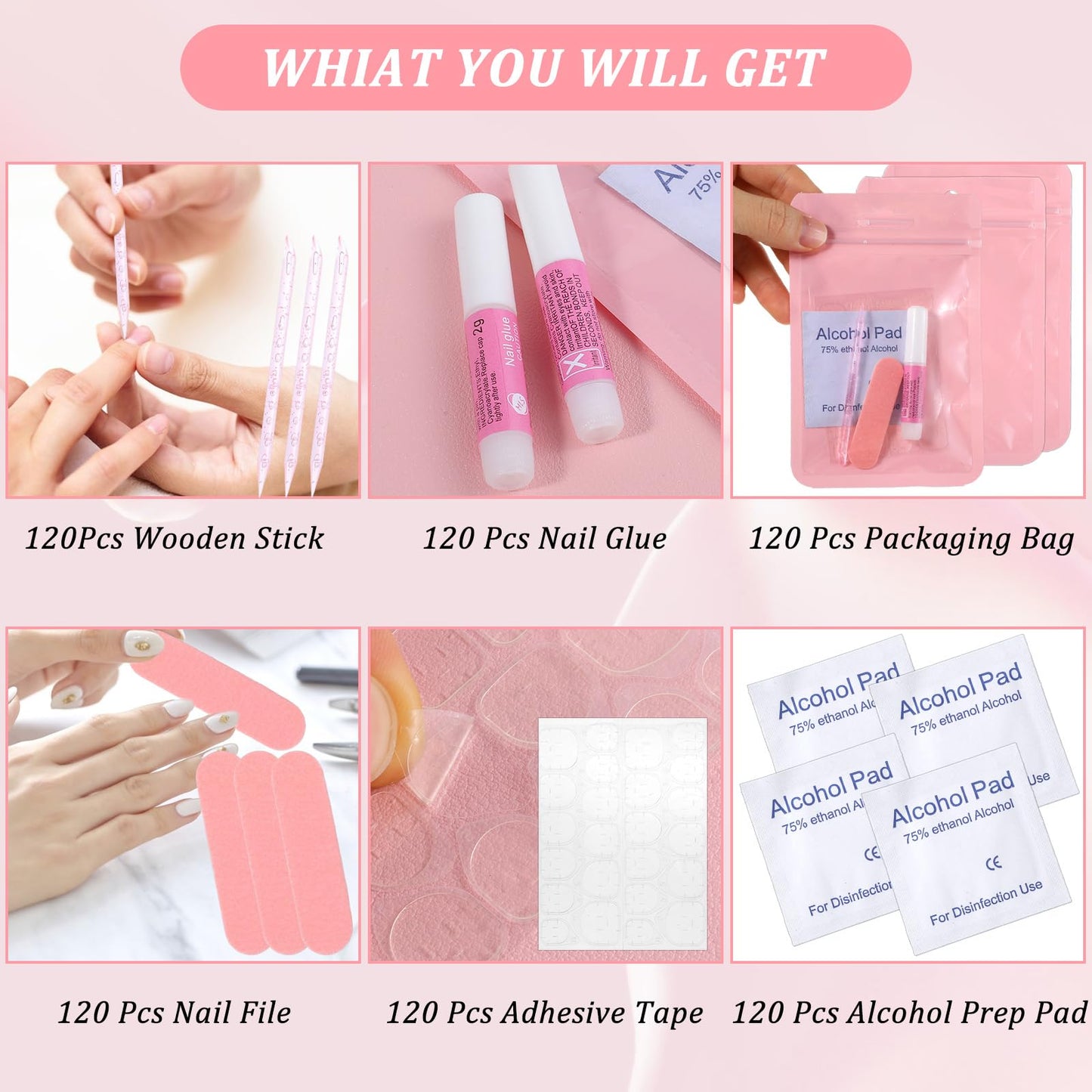 120 Sets Press On Nail Tool Kit for Business - Prep Application Disposable Kit with File, Glue, Prep Pads, Adhesive Tabs, Wood Stick, Holographic Bag