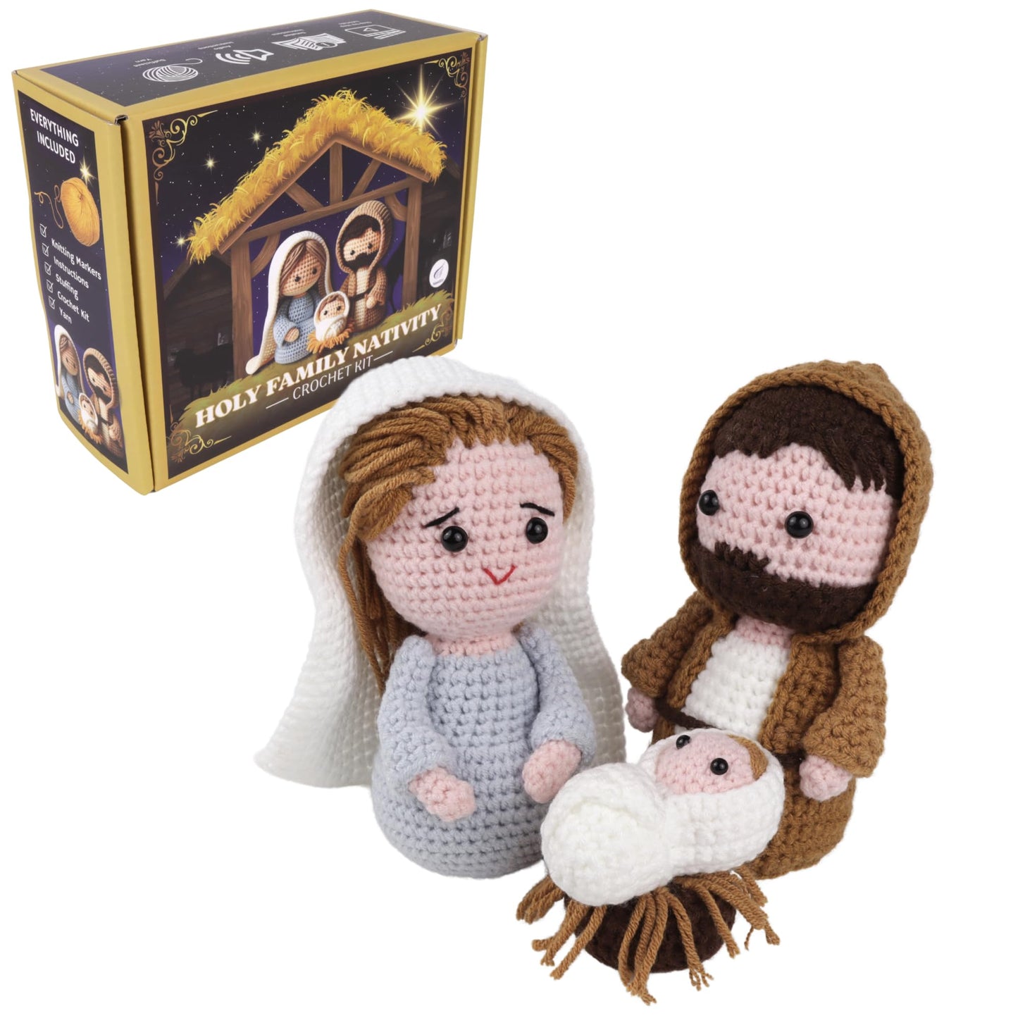 Mad Mags Holy Family Nativity Crochet Kit, Starter Kit with Step-by-Step Video Tutorials, DIY Knitting Supplies, Everything Included
