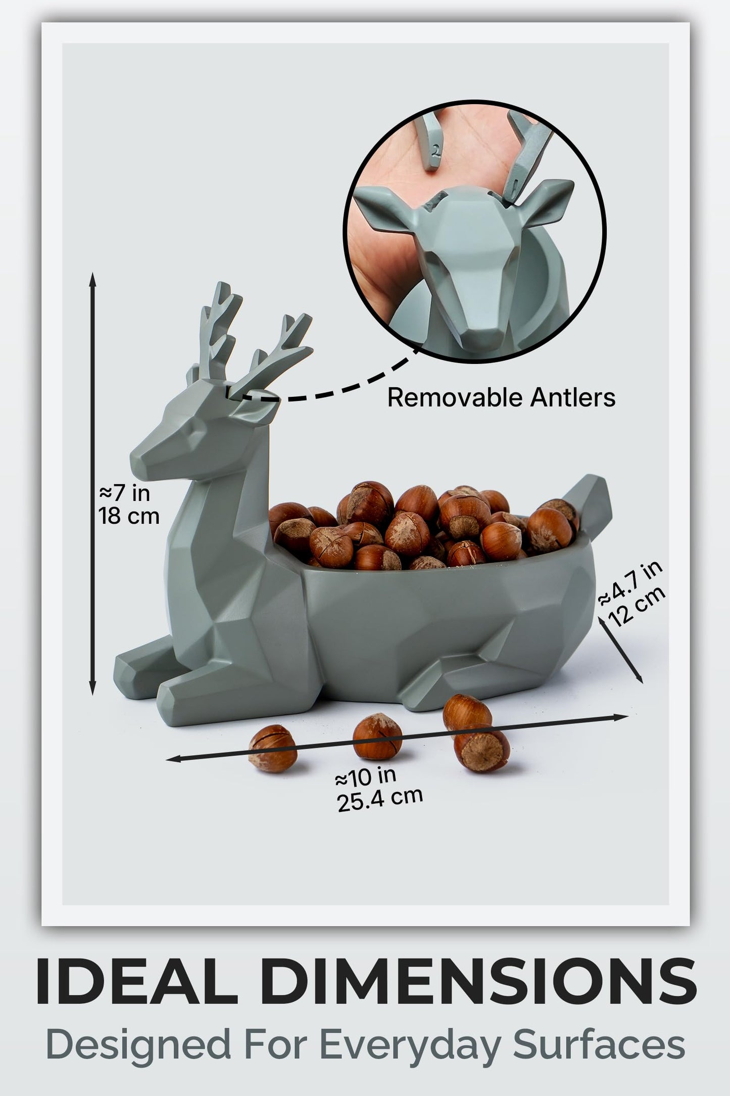 Fuzrea Low-Poly Deer Statue, Gray Resin Deer Candy Bowl & Key Holder, Reindeer Candy Dish Home Decor for Living Room, Office, Dining Table, Shelves, Entryway