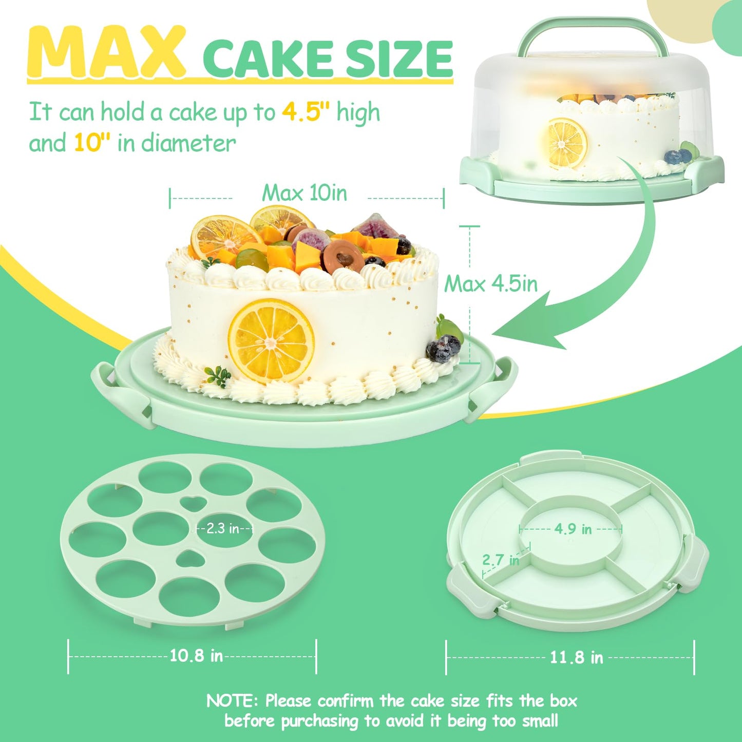 Ohuhu Cake Carrier with Lid and Handle, BPA-Free Cake Containers Cake Holder for 10 inch Cake with 2 Handles Cupcake Carrier - Plastic Cover Two Sided Base for Transport Pie Nuts Fruit Perfect Gifts