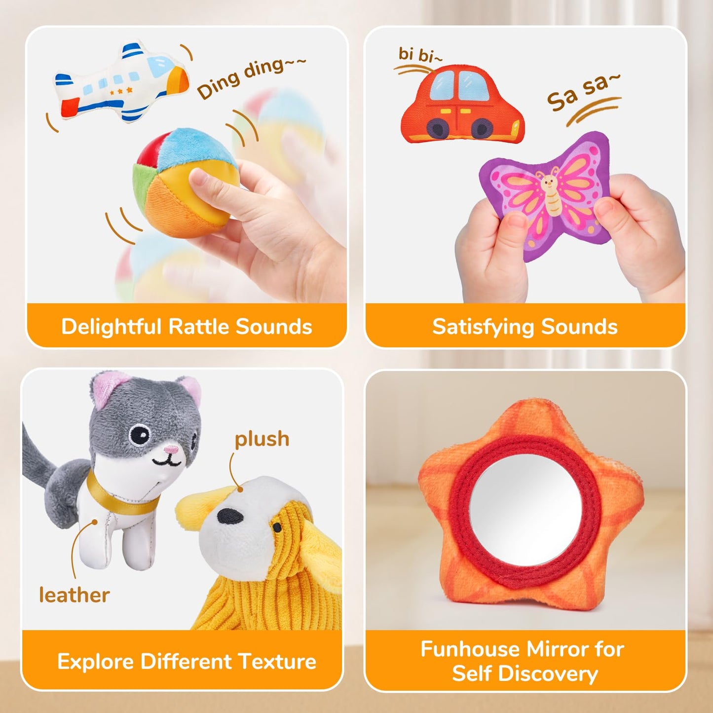 JoyCat Baby Toys 6-12 Months - Mystery Soft Box with 10 Sensory Objects, Rattle, Crinkle Paper, Mirror + Ice Cream Toys for Toddlers, Color Recognition Stacking Play Set with 7 Matching Cones & Scoops
