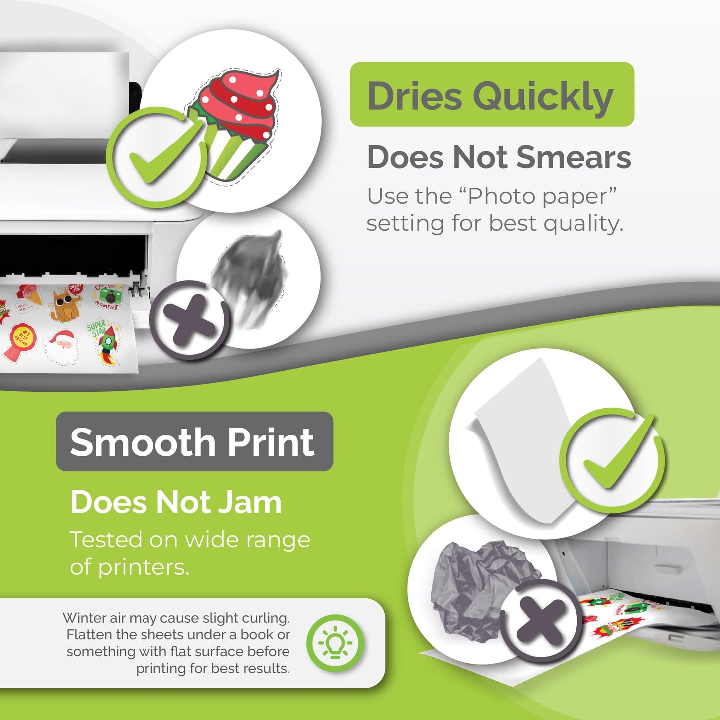 Premium Printable Vinyl Sticker Paper for Inkjet & Laser Printer - 56 Sheets Self-Adhesive Sheets Matte White Waterproof, Dries Quickly Vivid Colors, Holds Ink Well - Tear Resistant