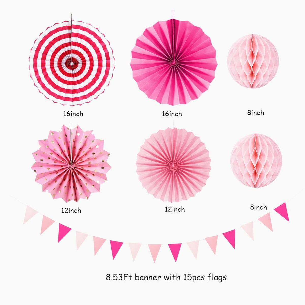 Rose Hot-Pink Party Decorations - 20pcs Paper Lanterns Fans,Tissue Pom Poms,Honeycomb Balls,Bunting,Birthday Wedding Bachelorette Baby Shower Bridal Graduation Engagement Decor Burgleda