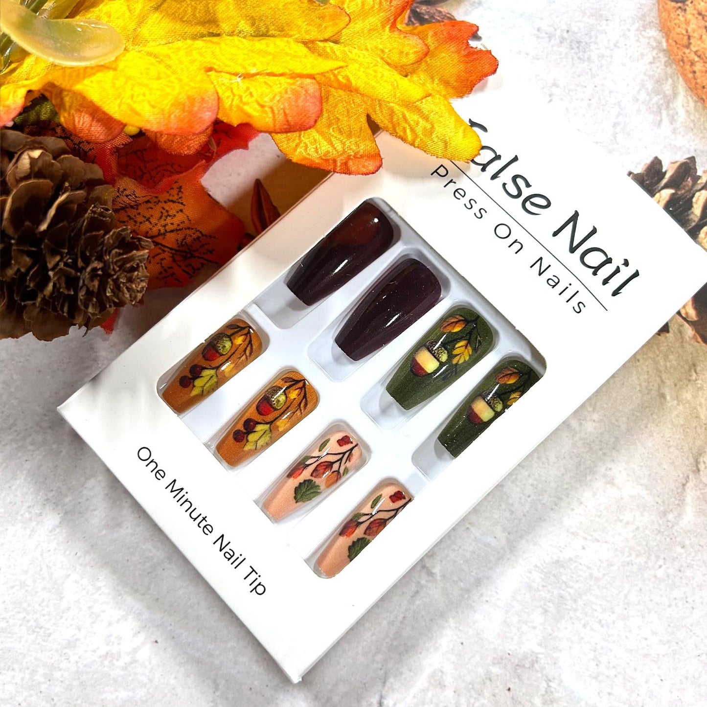 Thanksgiving Press on Nails Medium Ballet Shaped Fall Maple Leaf Pumpkin Pattern Acrylic False Nail Full Cover Glossy Autumn Stick on Nail Festival Artificial Fingernails Glue on Nails for Women 24Pcs