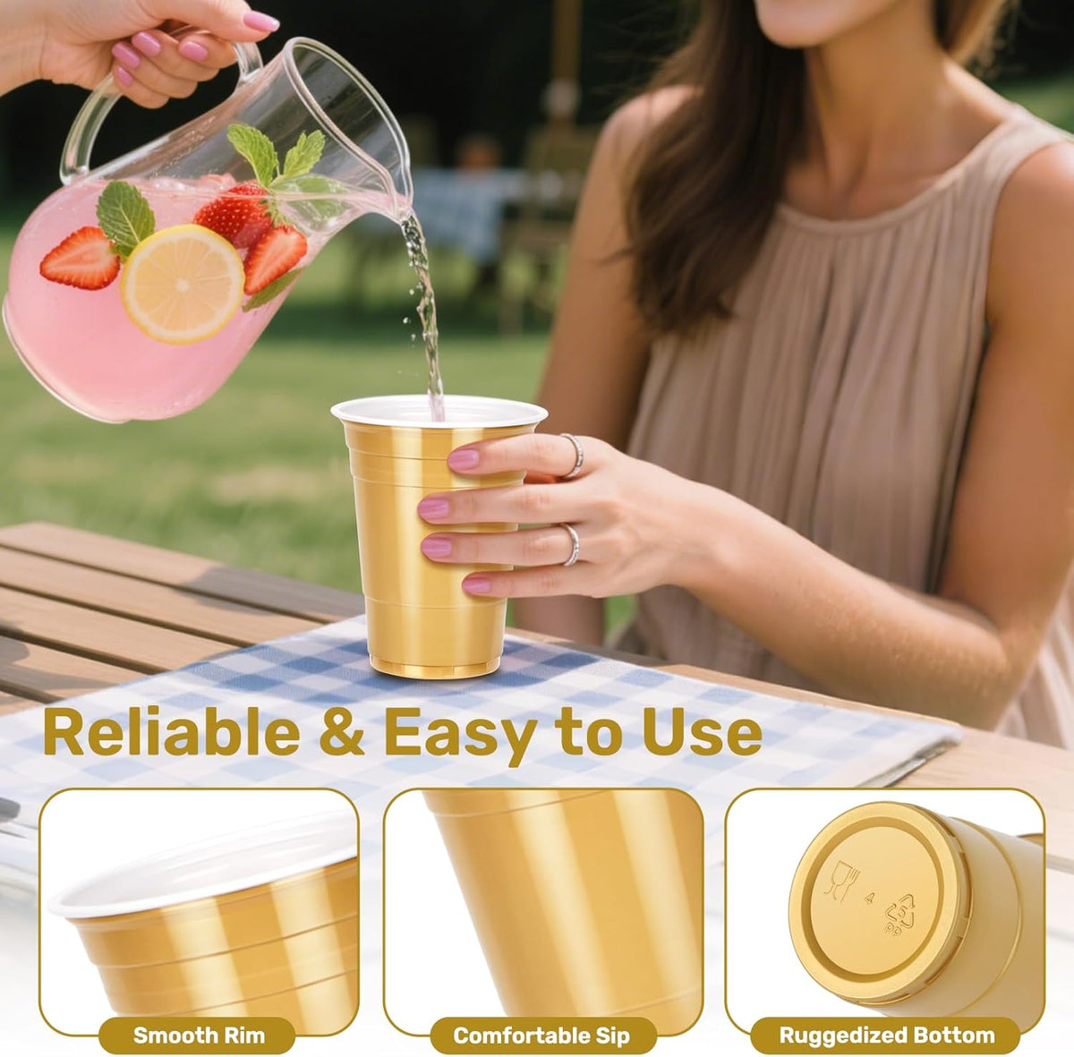 100PCS Gold Plastic Cups, 12oz Disposable Party Cups Bulk Pack, BPA Free Drinking Cups for Soda Juice Beer Cold Drinks Suitable for Wedding Halloween Thanksgiving Christmas Birthday Celebrations
