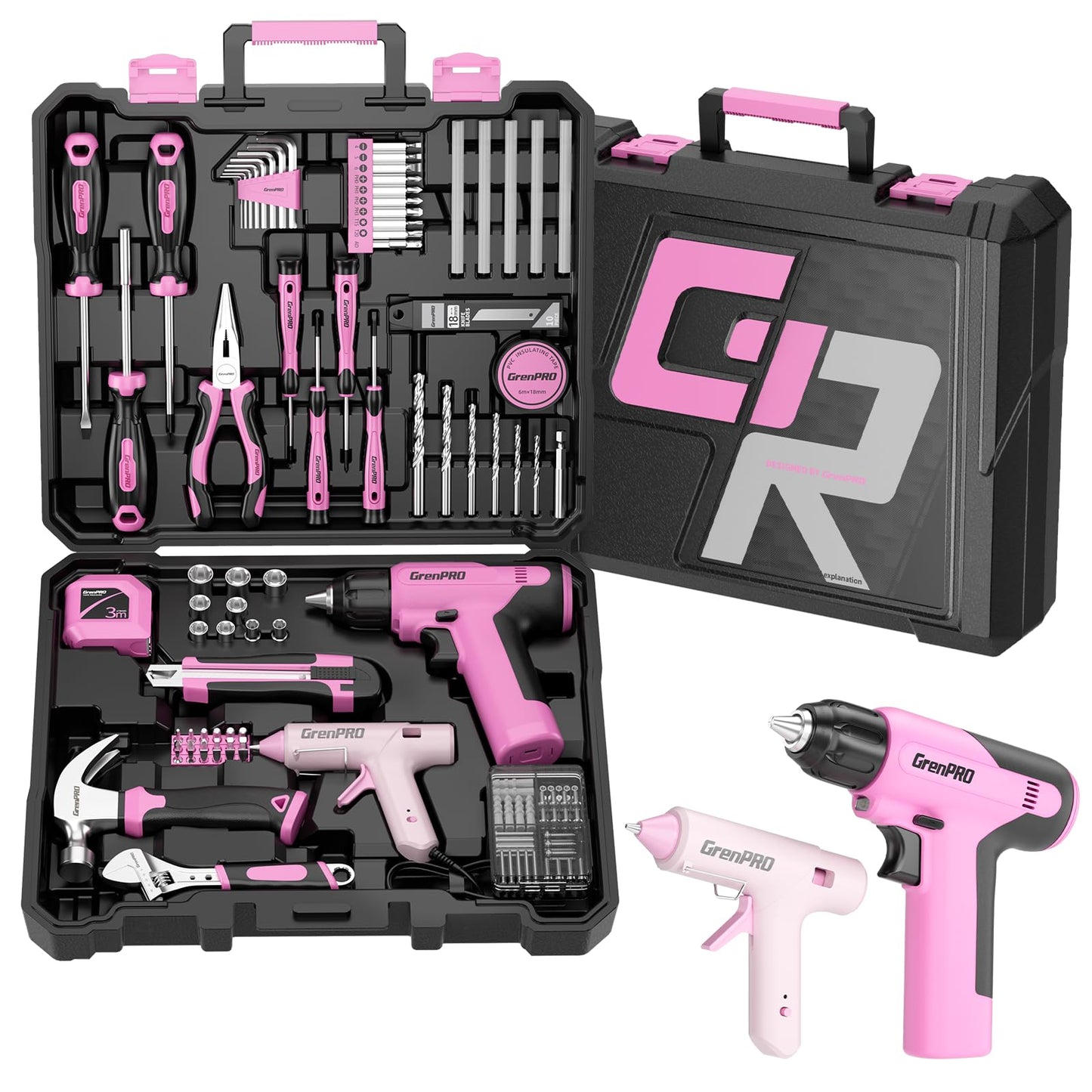 GRENPRO Pink Tool Set Drill Set, 188PCS Tool Kit For Home with Pink Cordless Drill Power, Hand Tool Kit for Women, Basic Household Auto Car Repair Tool Box for Men, Portable Storage Box Tools Sets