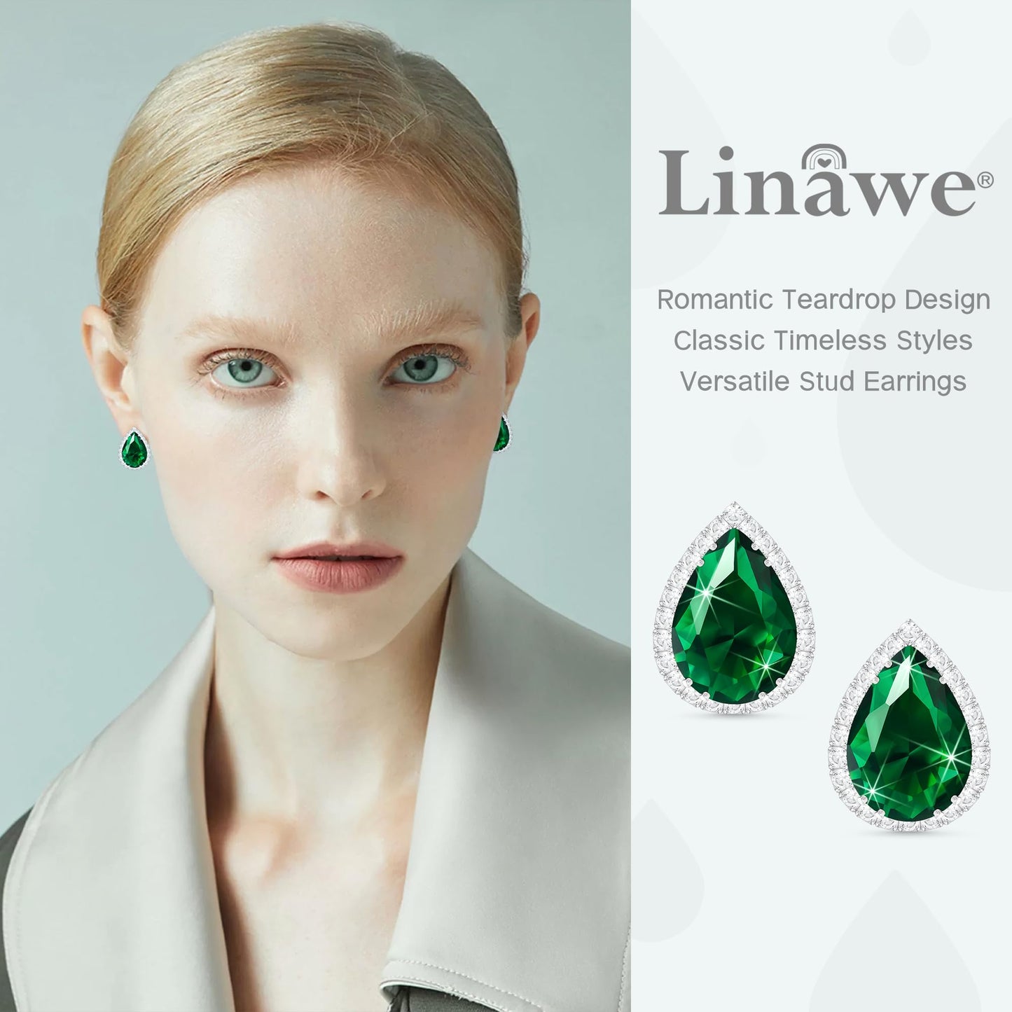 Linawe Silver Emerald Green Stud Earrings, Imitation Diamond Cubic Zirconia Earrings Studs Women, Teardrop Rhinestone Crystal Formal White Gold Earring Set Wedding Bridal Bridesmaid