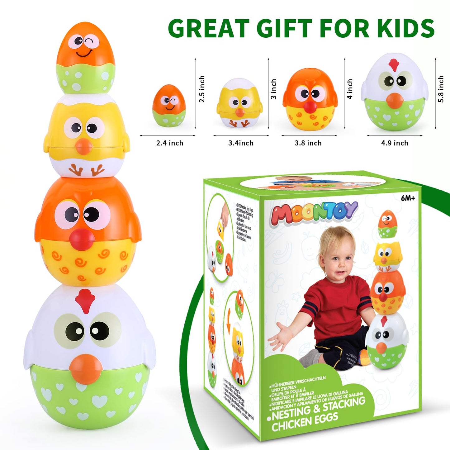 MOONTOY Chicken Toddler Easter Eggs Toys, Nesting Dolls Stacking Toys for Toddlers 1-3 Matching Shape Sorters Sensory Preschool Learning Baby Easter Basket Stuffers Gifts 6-12 12-18 Months, 1 Year Old