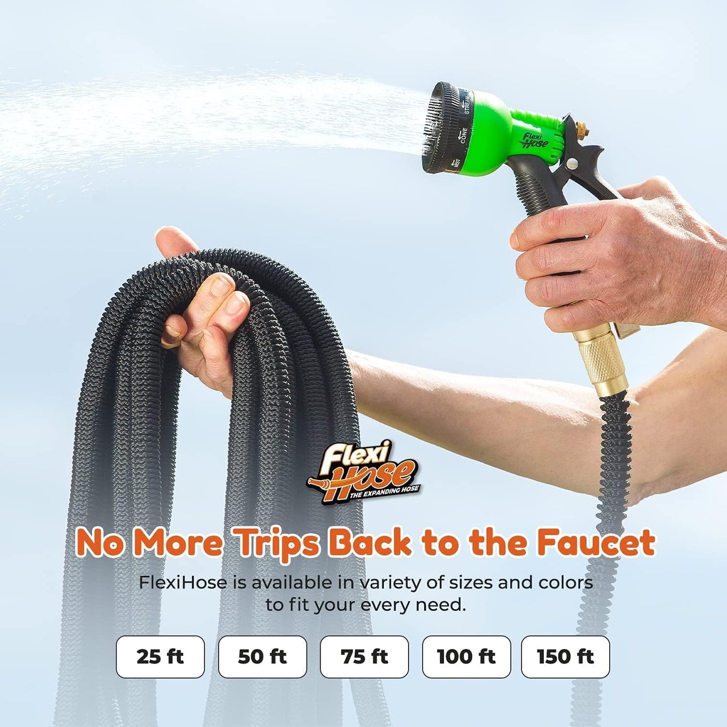 Flexi Hose Expandable Garden Hose with 8 Function Nozzle, 25FT - Lightweight Retractable Garden Hose, Water Hose - No-Kink Flexibility, 3/4 Inch Solid Brass Fittings and Double Latex Core