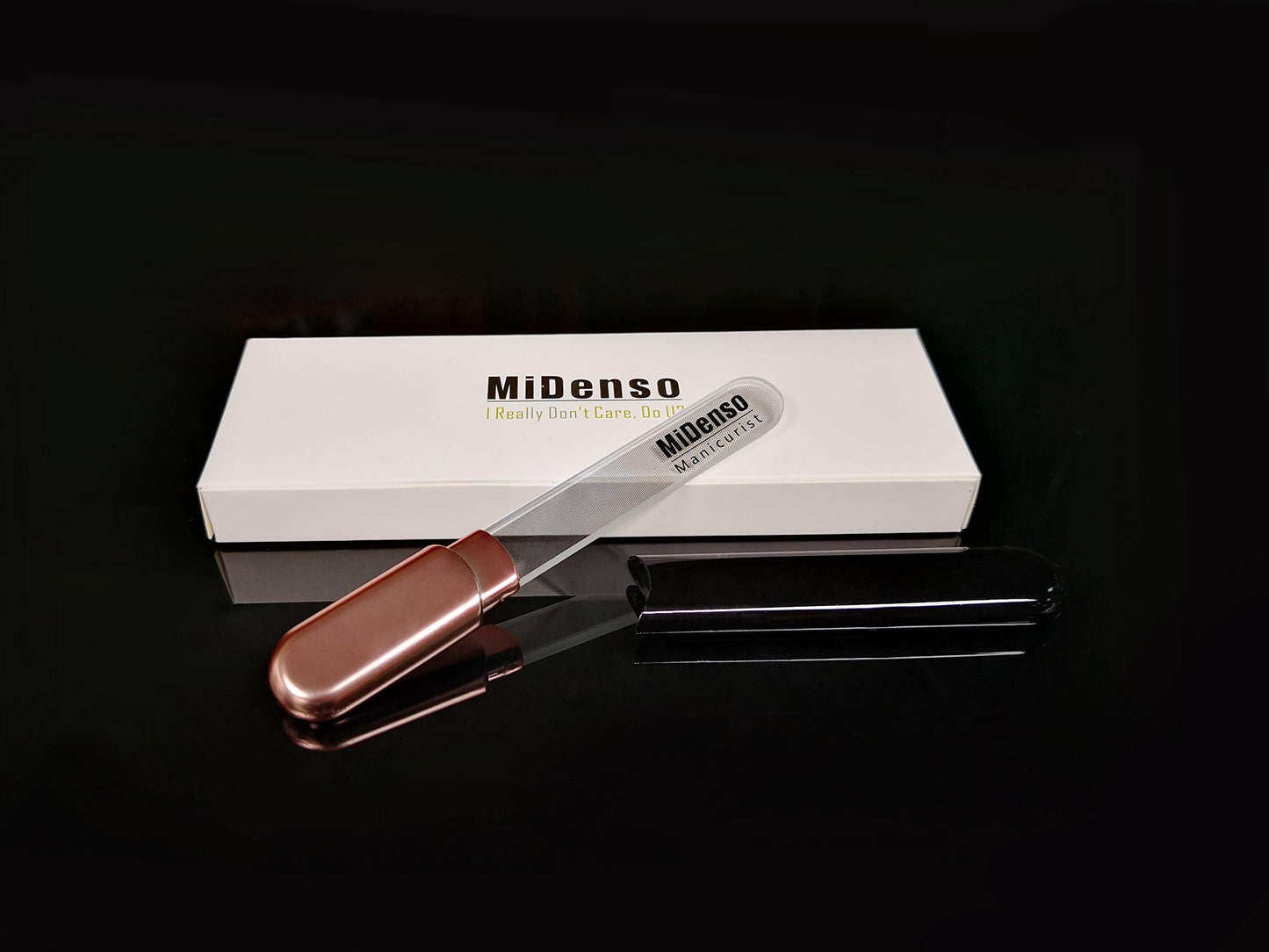 MiDenso Premium Glass Nail File with Case, Crystal Diamond Salon Best Beauty Nail Buffer for Natural and Acrylic Nails, Black Gold