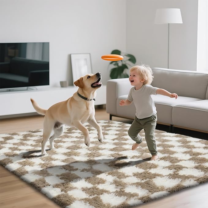 4x6 Checkered Area Rugs for Bedroom, Fluffy Beige and White Checkered Rug Fuzzy Shag Shaggy Carpets for Living Room, Soft Plush Furry Rug for Boy Girls Room Dorm Home Decor