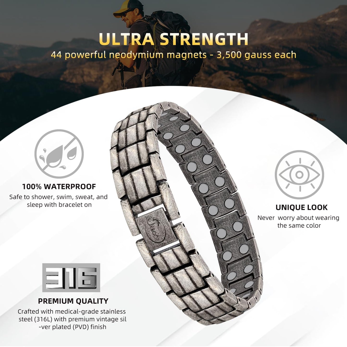 JEROOT Magnetic Bracelets for Men, Pure Titanium Bracelet (3500Gauss Per Magnet), Men's Bracelet Lymphatic Jewelry Gifts（Ancient silver）