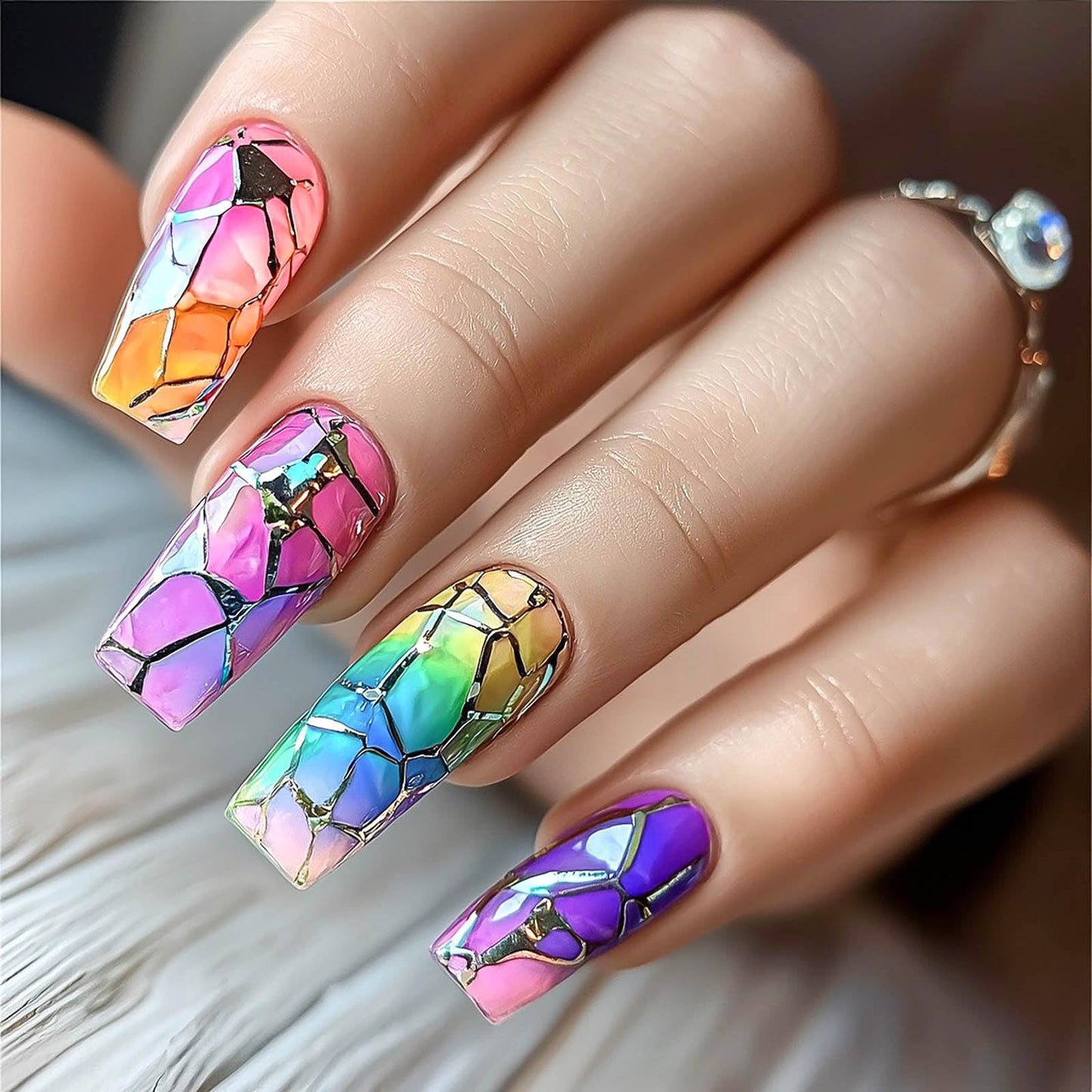 RUOKEXIN Coffin Press on Nails Medium Length Fake Nails Sparkly Stained Glass Windows False Nails with Designs Acrylic Artificial Nails Full Cover Glue on Nails Cute Stick on Nails for Women 24Pcs