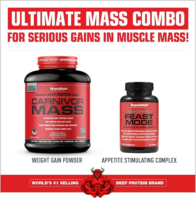 MuscleMeds CARNIVOR Mass Gainer Beef Protein Isolate Shake, 50 Grams Protein, 125 Grams Carbs, 0 Fat, 0 Sugar, Lactose Free, Chocolate Fudge, 5 Pound