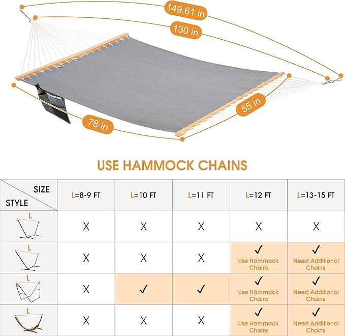 Lazy Daze Hammocks 11 FT Double Outside Hammock Quick Dry Olefin Fabric Hammock with Spreader Bar & Side Pocket for Outdoor Poolside Backyard 450 lbs Capacity, Grey