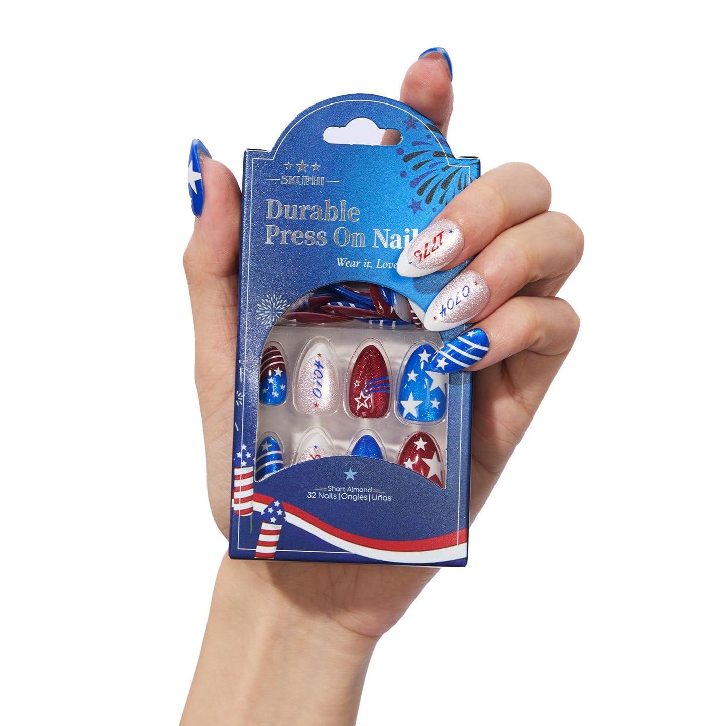 SKUPHI 4th of July Press On Nails, Short Almond Cat Eye Pearl Gloss Finish, Salon Quality Handmade Reusable Stick On False Nails 32 Nail Kit-16 Sizes