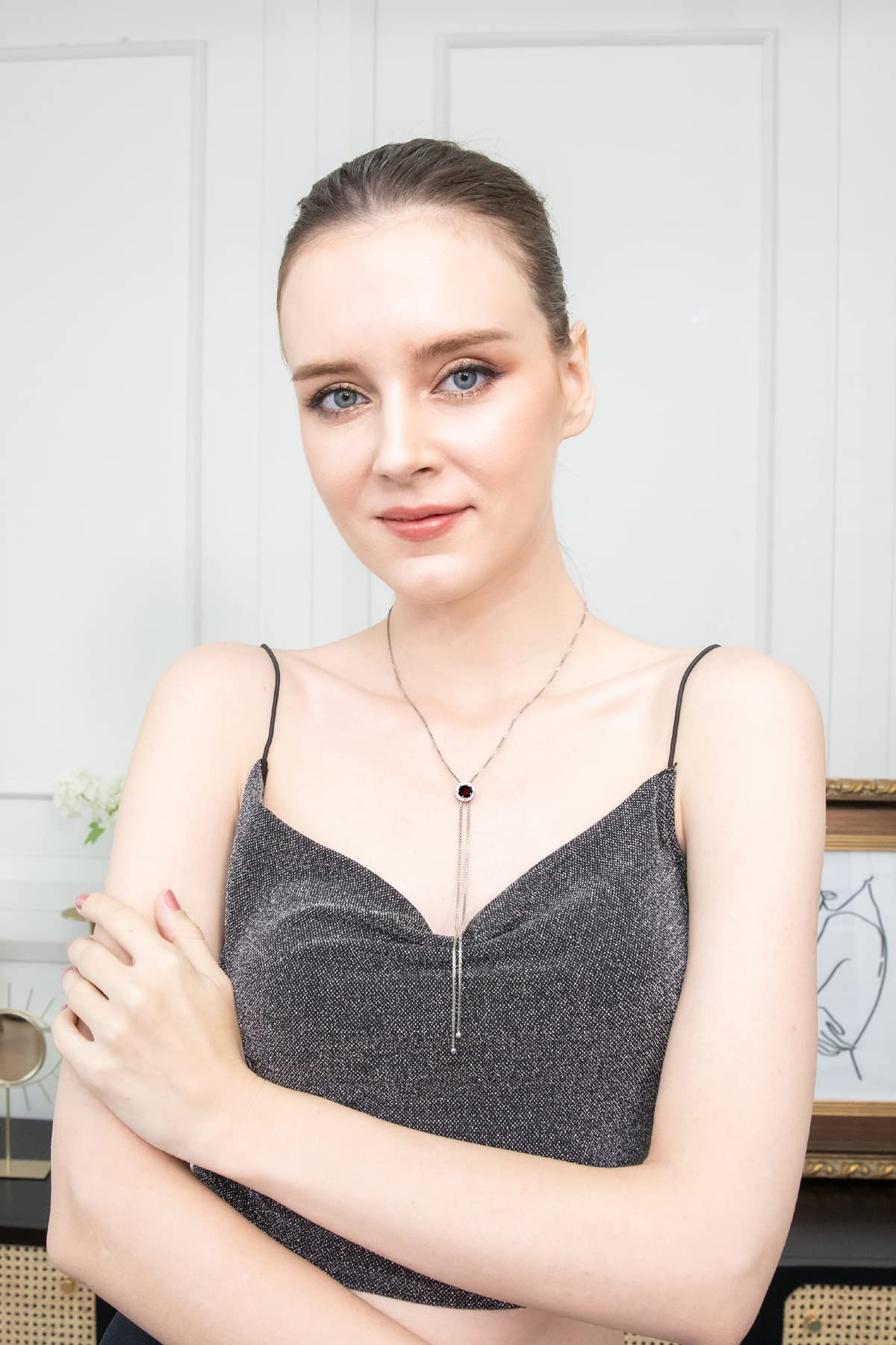 GemStar USA Sterling Silver Garnet and White Topaz Round Halo Drop Adjustable Lariat Necklace