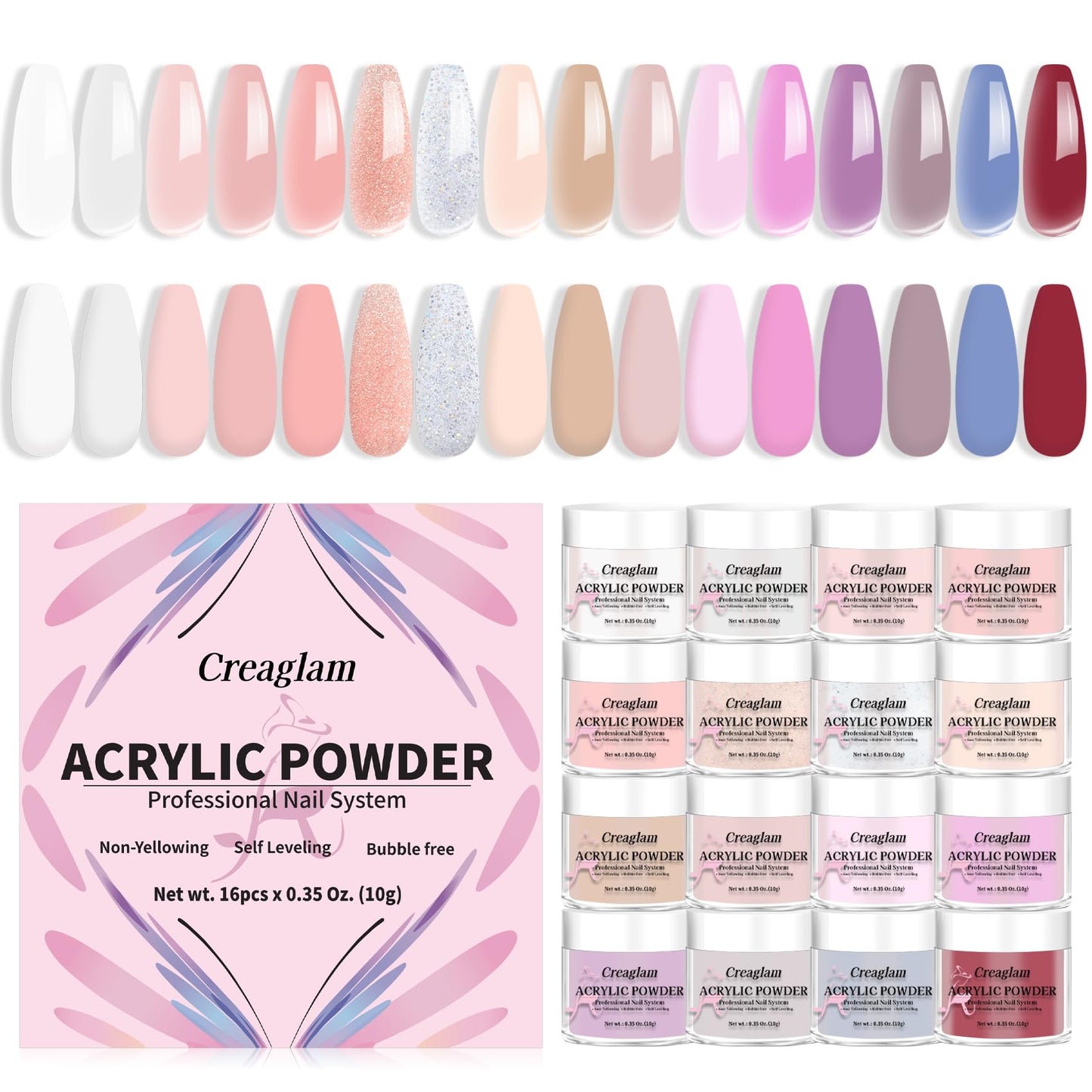 16 Color Acrylic Nail Powder Kit - for DIY Nail French Extensions & 3D Art, No Lamp Needed, Non-Yellowing, Professional Salon Quality, Bubble Free & Long Lasting