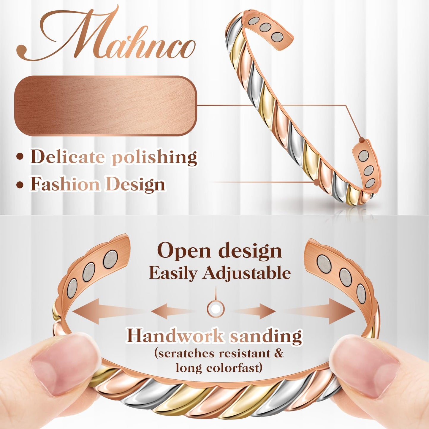 Mahnco Copper Bracelets for Women Men Lymph Detox Magnetic Bracelet & Ring Magnetic Copper Bracelet, Tri-color Bracelet Jewelry Gift for Christmas Valentine's Day Mother's Day
