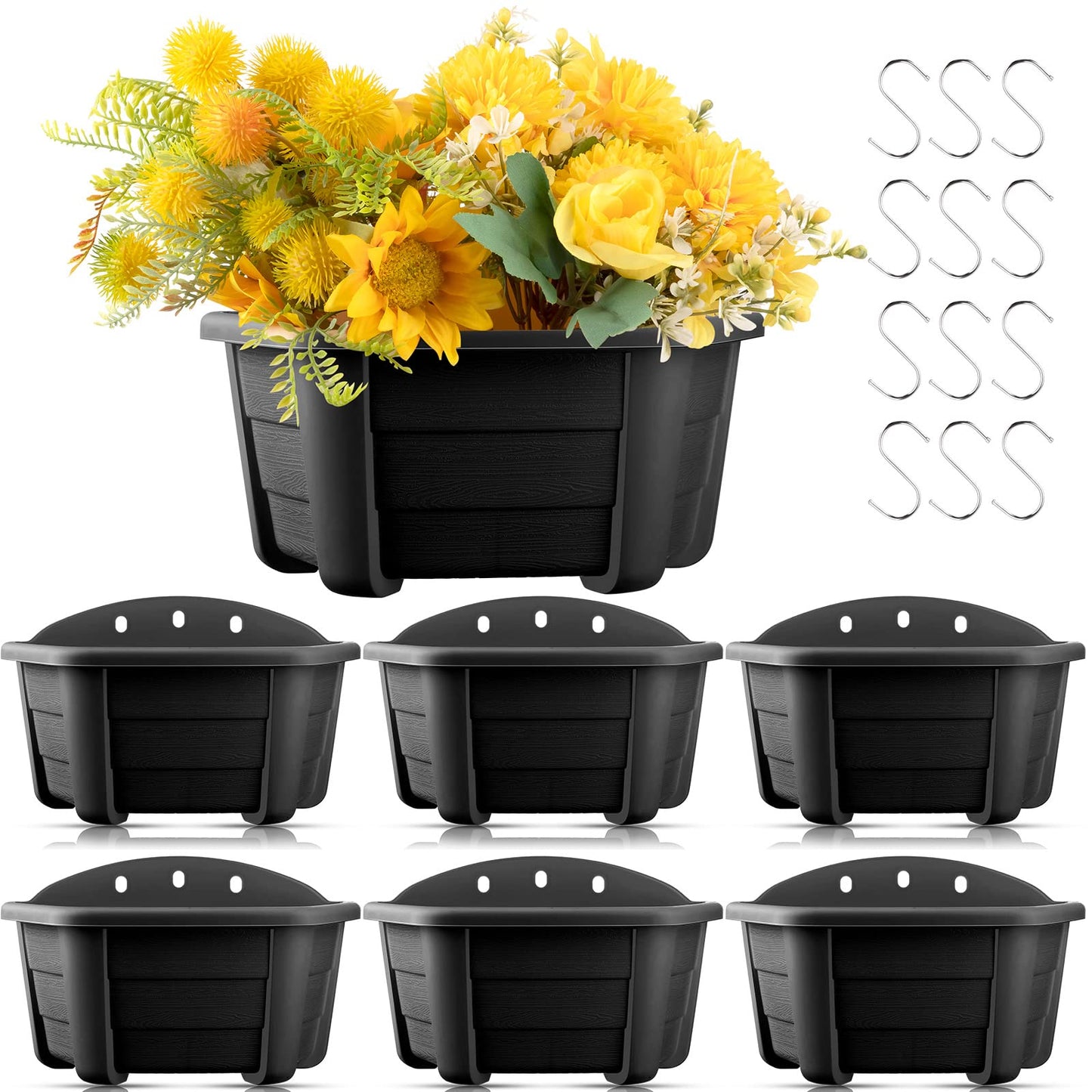EBOOT 6 Pcs 9.8 Inch Wall Hanging Planters Pots for Indoor Plants Fence Plastic Flower Planters Outdoor with S Hooks for Balcony Rails (Dark Coffee)