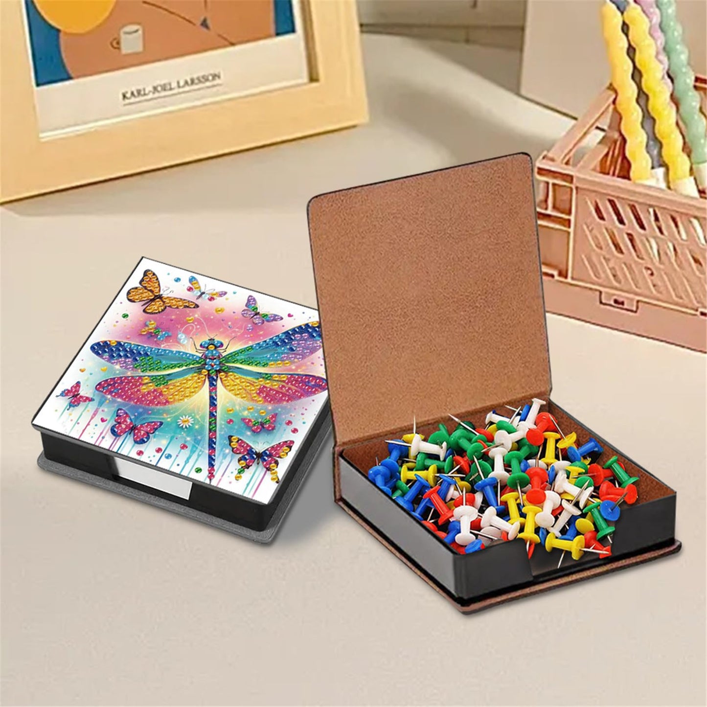 POETRYDRAW 5D DIY Diamond Art Painting Notecard Box Dragonfly– Memo Pad Sticky Note Holder with 160 Sheets, Gem Art Notecard Organizer for Adults