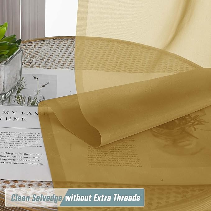 Gold Sheer Curtains for Window 96 Inches Long 2 Panels Set, Soft Airy Light Filtering Voile Sheer Curtains for Living Room Bedroom, Dual Rod Pocket Elegant Window Drapes, 2x42Wx96L Inches