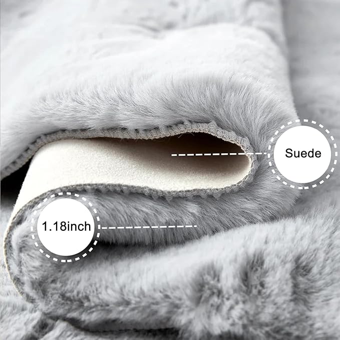 Ghouse Faux Rabbit Fur Round Rug 5ft Grey Round Rugs for Bedroom Decor Fluffy Area Rugs for Living Room, no-Shedding Carpet Sheepskin Washable Rug Rome Decor
