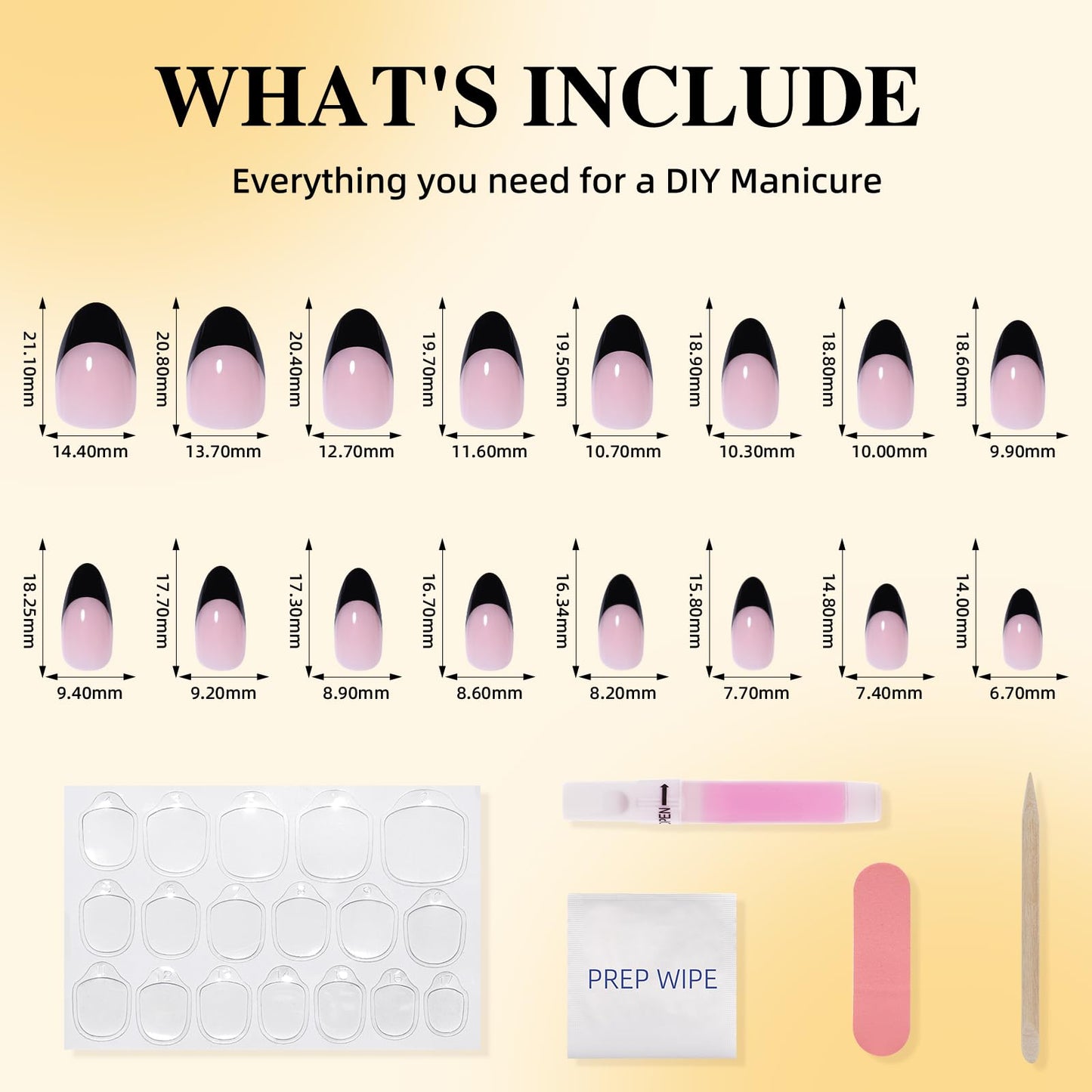 Leefrei Black French Tip Press on Nails - Short Almond Black Tips Nails, Reusable Glossy Fake Nails Press ons for Women, 32 Pieces in 16 Sizes False Nails Kit with Glue, Blush Noir