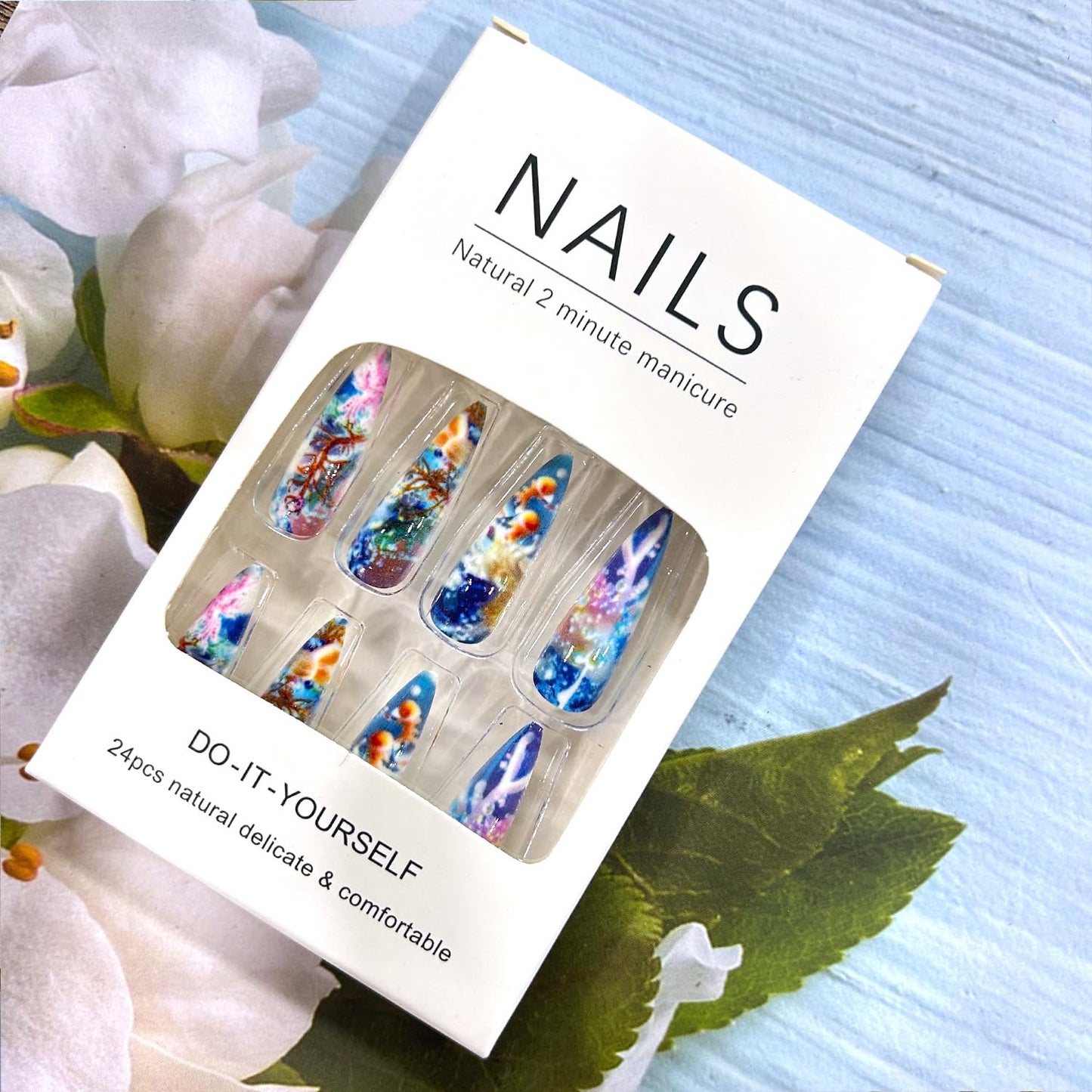 CJDLTS Marine Life Press on Nails Almond Long Length Fish Seaweed Pattern Design Press Artificial Stick on Nails Full Covre Glossy Acrylic False Nail Reusable Glue on Nails for Women 24Pcs