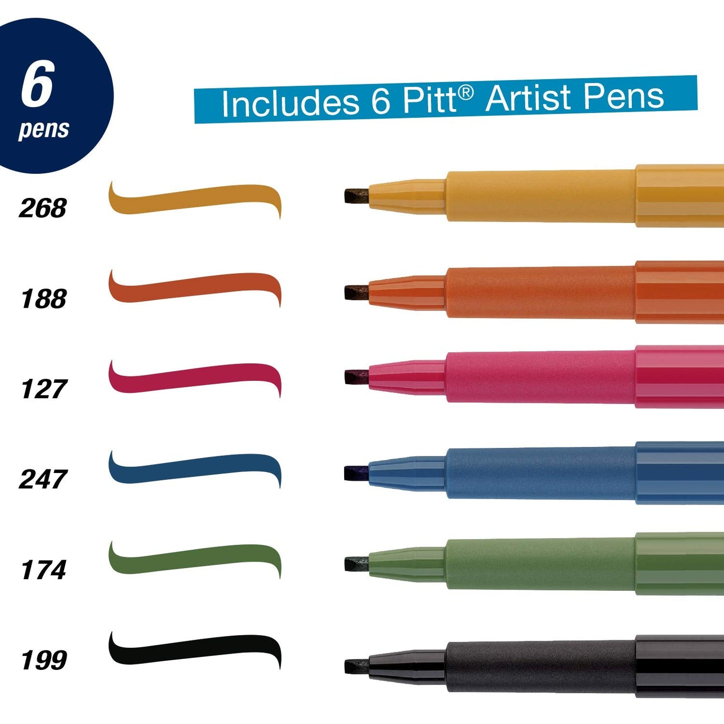 Faber-Castell Pitt Artist Calligraphy Pens | 6 India Ink Pens, 2.5 mm Chisel Tip | Multicolor Calligraphy Pen Set for Lettering, Journaling, Creative Writing & Hand Lettering Designs