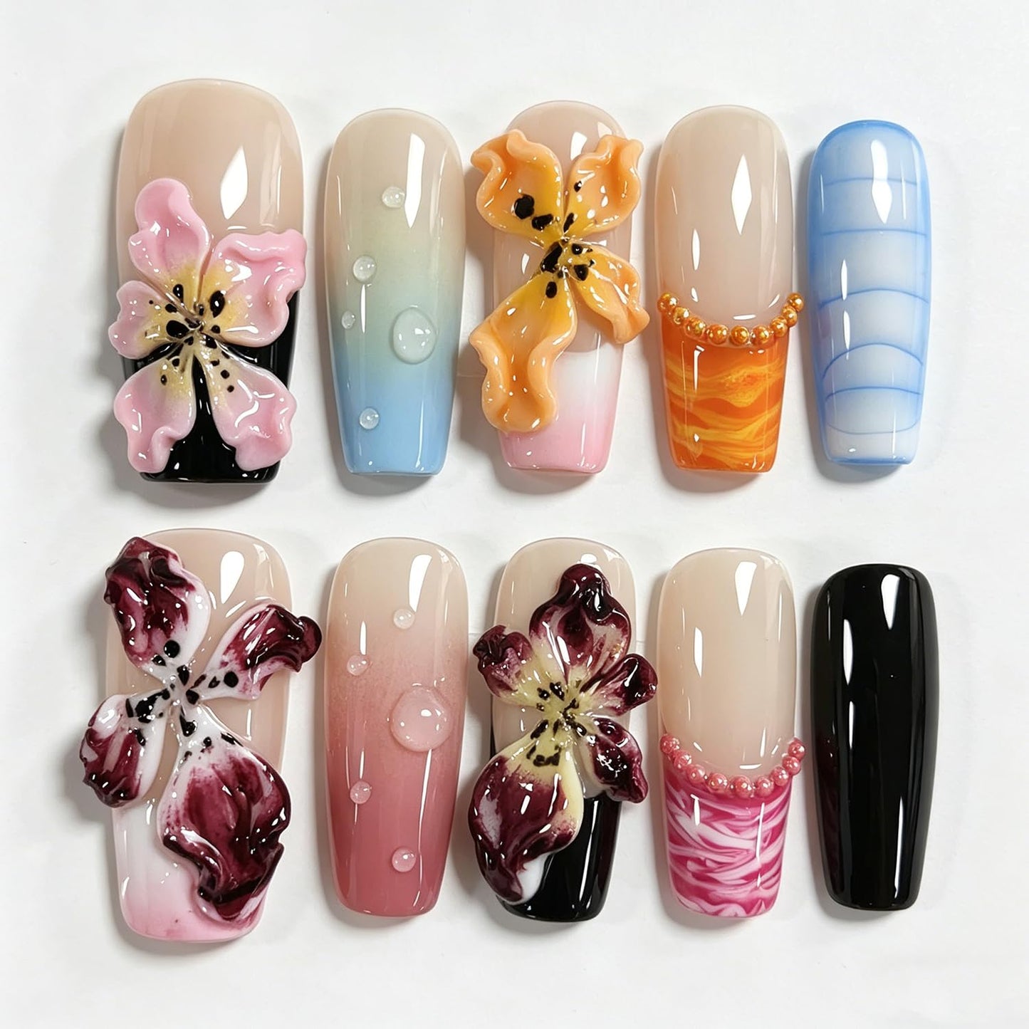 Handmade Press on Nails Medium Square 3D Floral French Tip Thick Acrylic Fake Nails Colorful False Nails with Lily Flower Water Drop Designs Sturdy Nail Art Press on Nails 10Pcs(M)