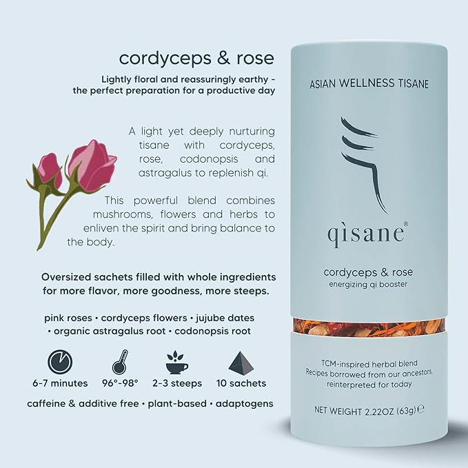 qìsane Cordyceps Tea Bags with Dried Rose Buds - Adaptogenic Cordyceps Mushroom Flowers, Dried Roses, Astragalus Root & Codonopsis Root Helps Boost Qi & Balance Body & Spirit - 10 sachets (~30 cups)