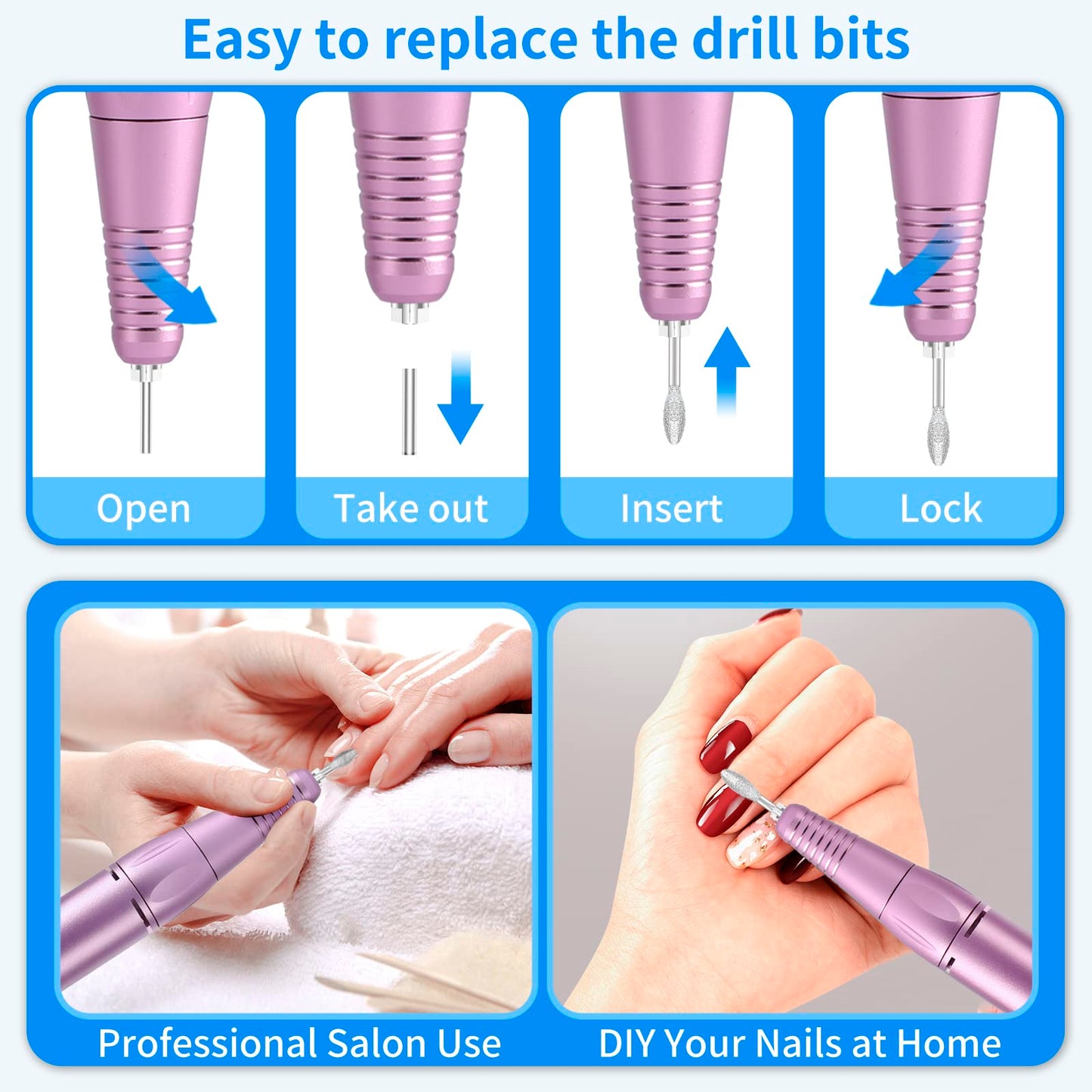 Portable Nail Drill Professional 35000 RPM, MOCOWIND Rechargeable Electric Nail File Machine for Acrylic Gel Polishing Removing, Cordless E-File with Bits Kit for Manicure Salon Home, Blue & Purple