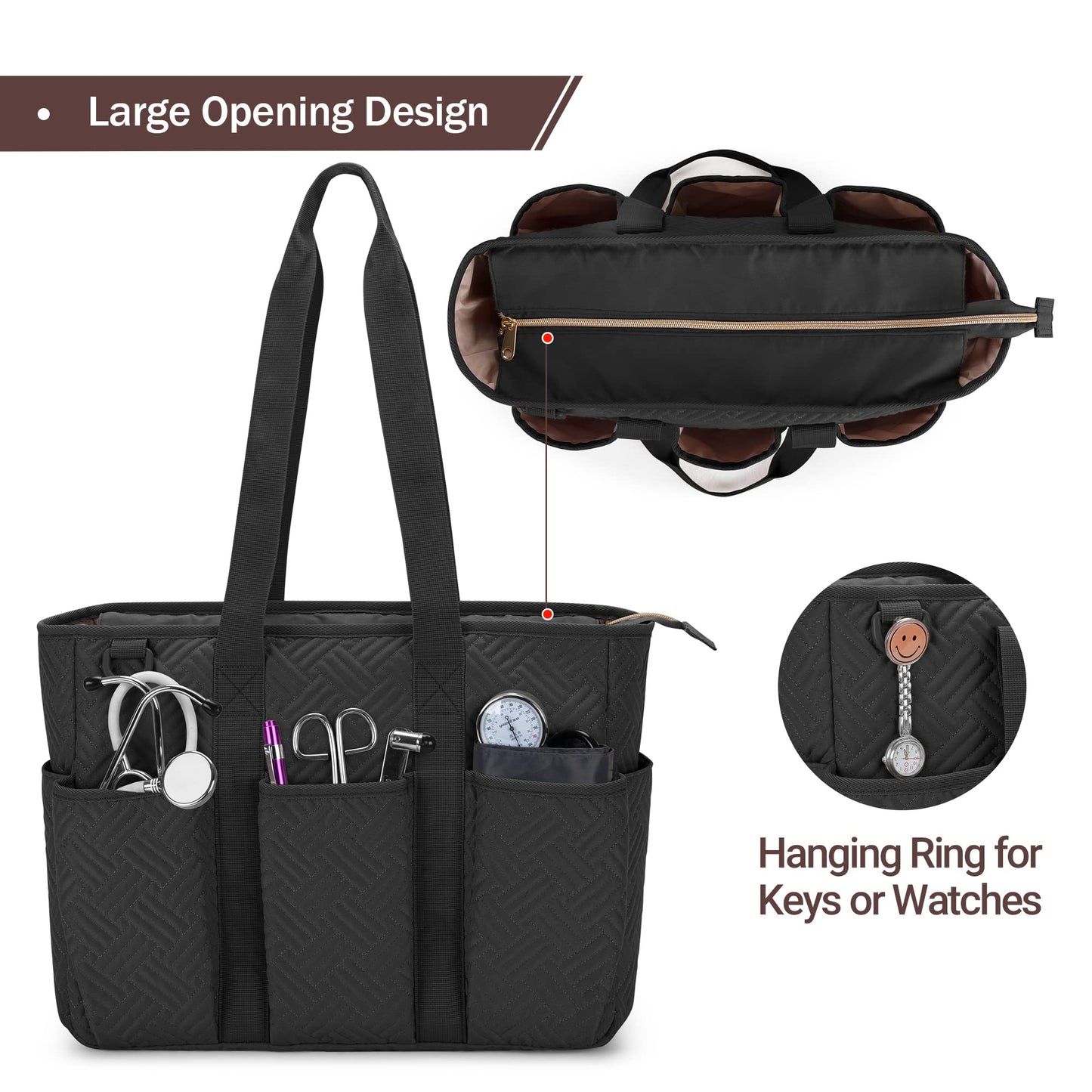 Fasrom 2PCS Nurse Tote Bag Bundle for Work, Structured Clinical Bag and Lightweight Puffer Nursing Tote, Multi-Pocket Nurse Bags for Nurses, Nursing Students, Home Health Care, Black