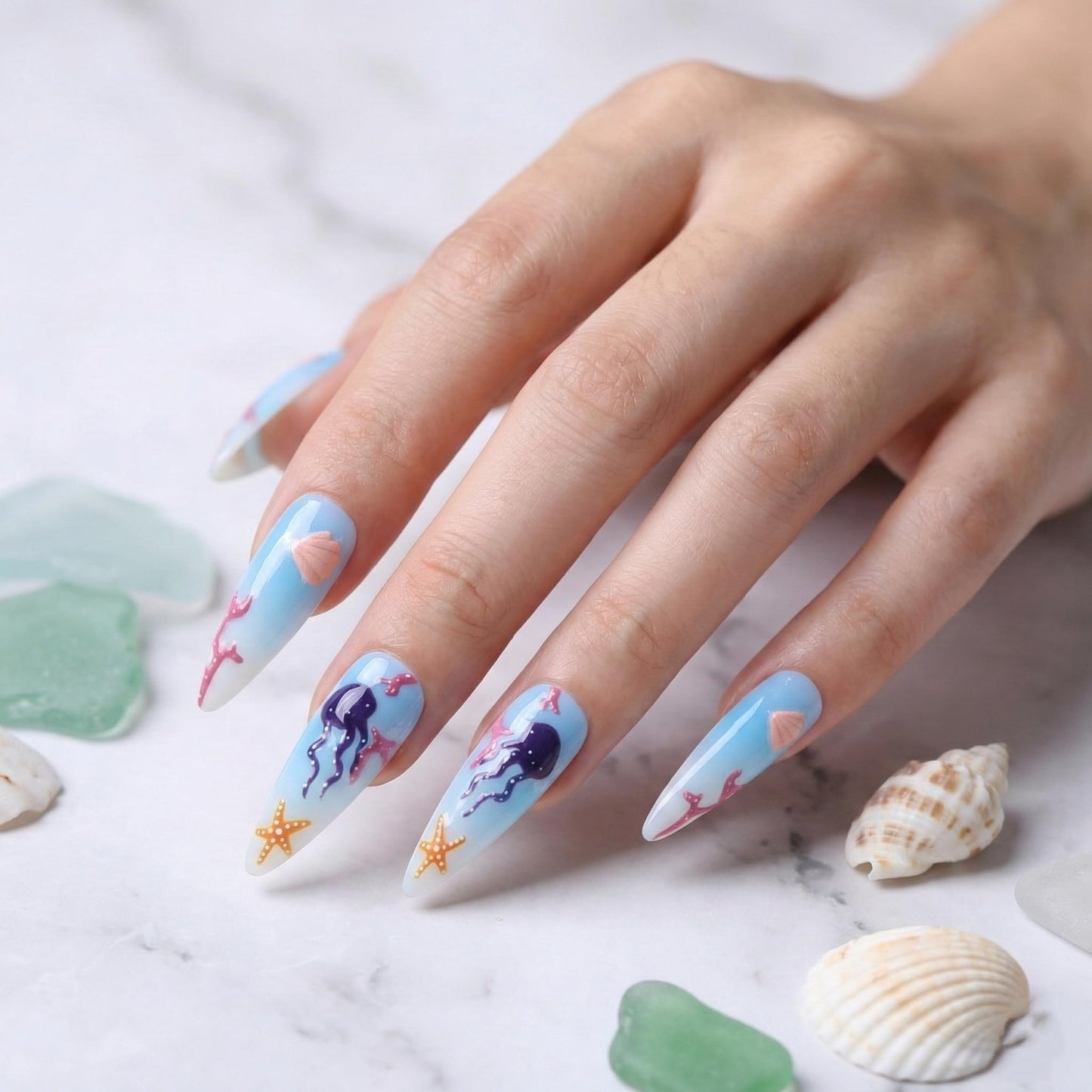 Long Press on Nails Almond Fake Nails Blue Artificial Nail Seeneey Summer Beach Stick on Nail for Women 24pcs
