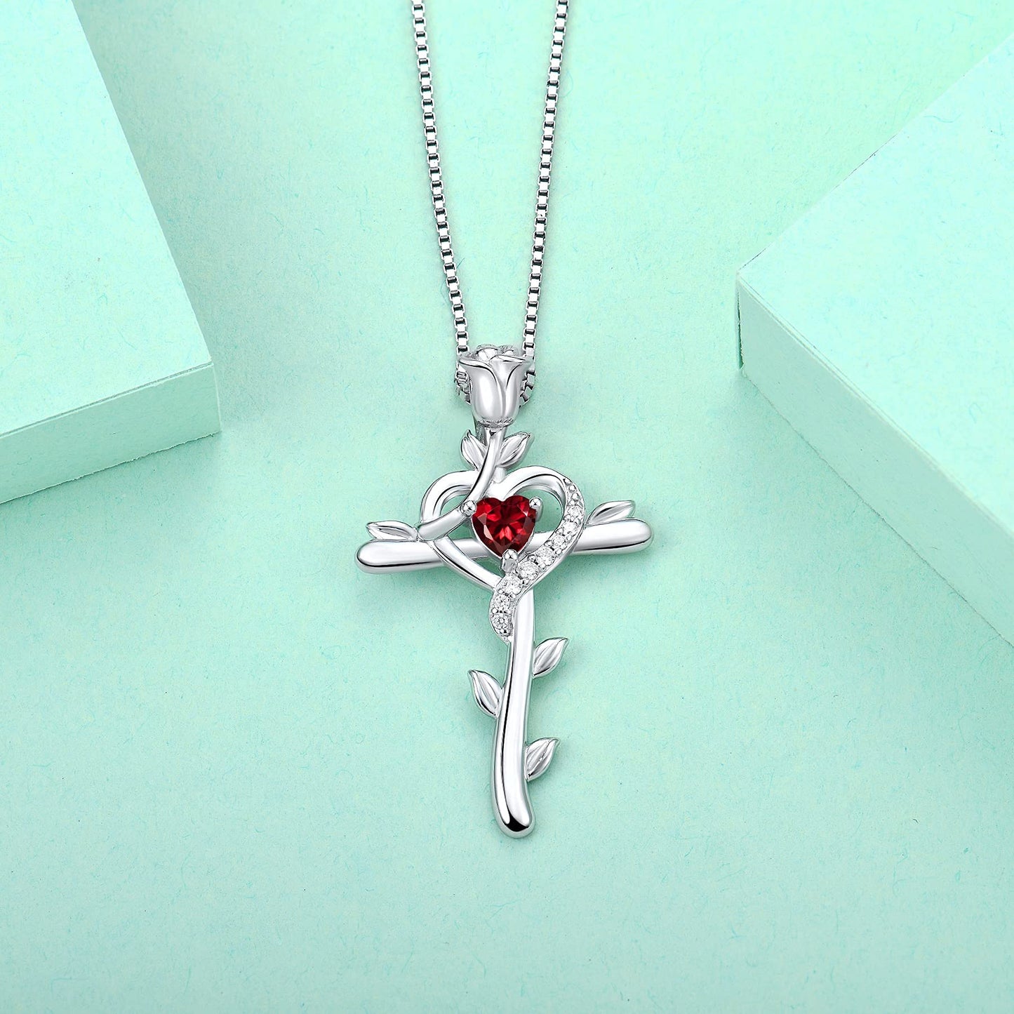 STARCHENIE Rose Cross Necklace 925 Sterling Silver Heart Crucifix Pendant Created Ruby Jewelry for Women