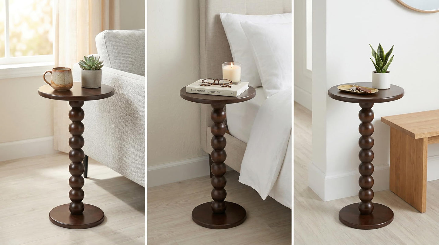 ARVENIA Round Side Table - Bobbin End Table for Living Room Bedroom – Solid Wood Spool Pedestal Nightstand, Boho Accent Furniture, Small Narrow Plant Stand, 22"