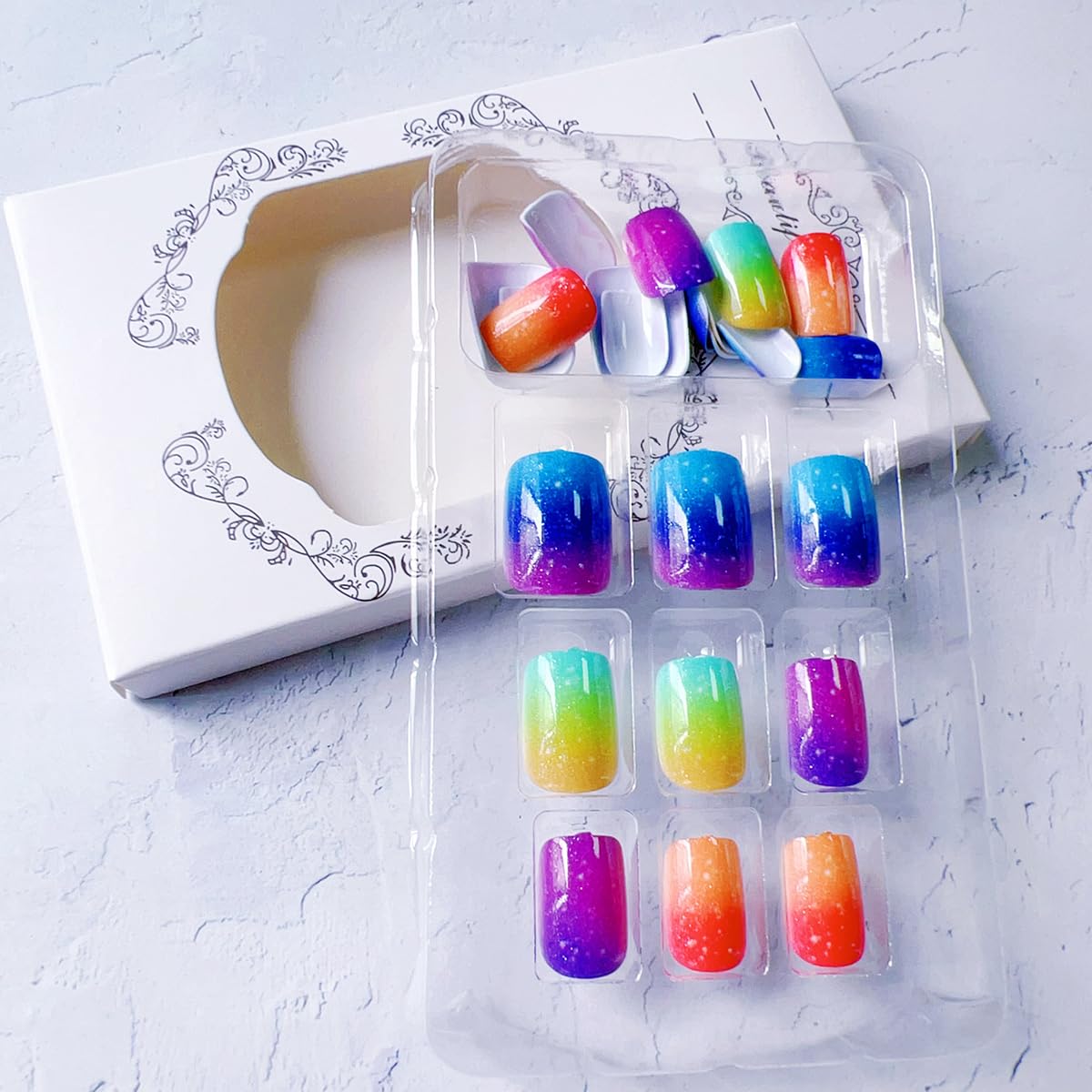 Short Square Press on Nails Summer Fake Nails Cute Short False Nails Glitter Gradient Full Cover Nail Tips Artificial Acrylic Nails Press ons Stick on Nail for Women 24PCS