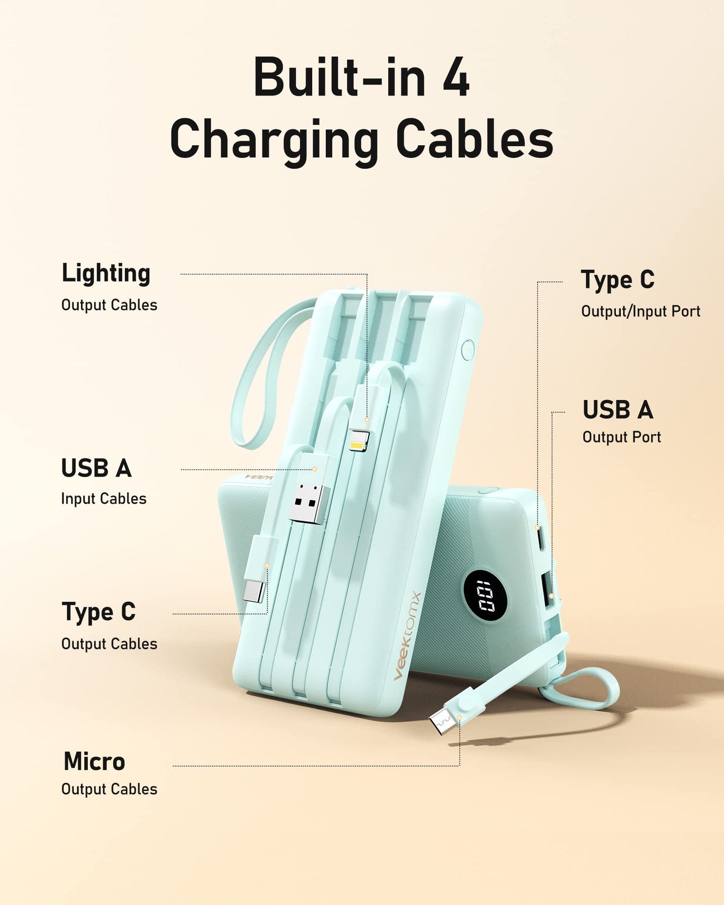 VEEKTOMX Portable Charger Built-in Cables, Power Bank for iPhone, Fast Charge USB C Battery Pack Travel Essentials Powerbank Compatible with iPhone 17/16/15/14, Samsung S25/24