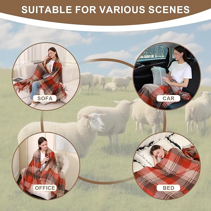 Throw Blanket Plaid with Carry Bag | Soft Wool Travel Blanket 55"x83" 1.5lbs | Festive Christmas Plaid Decorative Throw for Couch, Camping & Gift