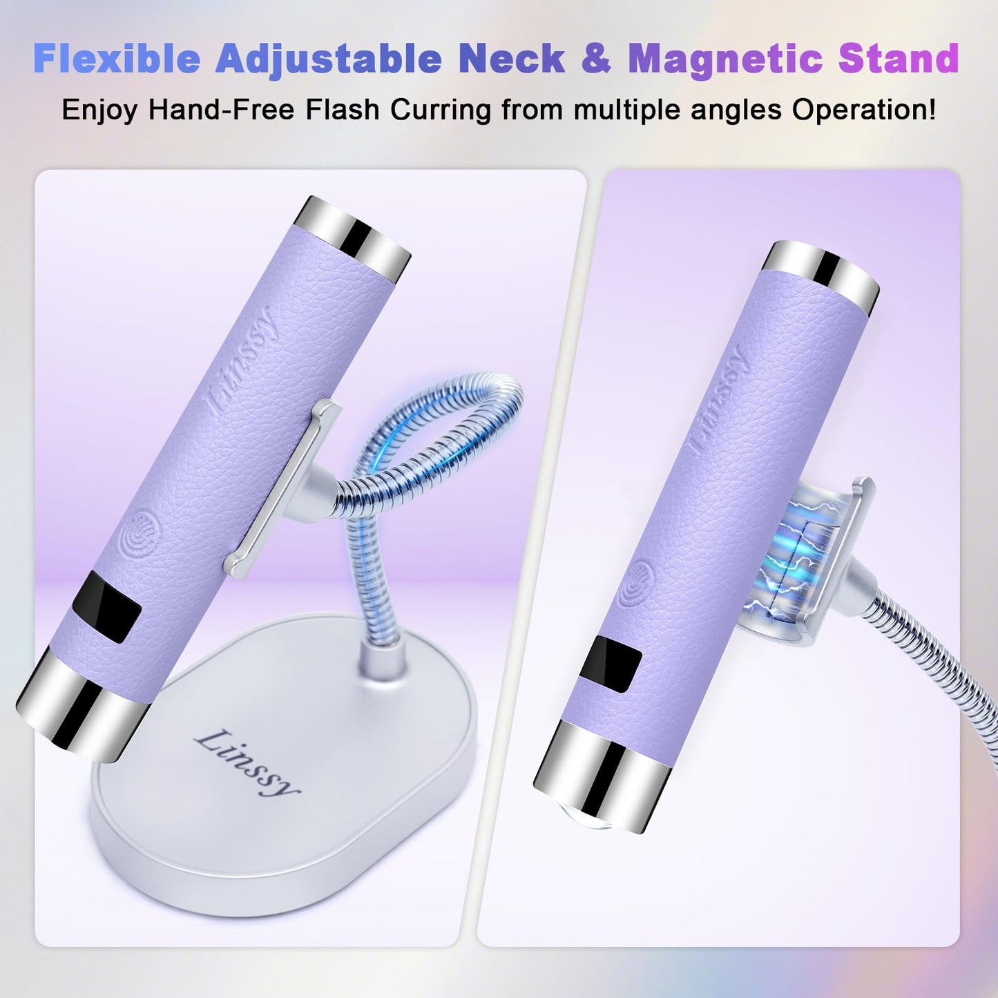 Linssy Mini UV Light for Nails with Auto Sensor & Gooseneck Stand,Portable Cordless Nail Lamp Flash Cure Lamp with LCD Display,Handheld UV Light for Gel Nails at Salon & Home Use (Purple)