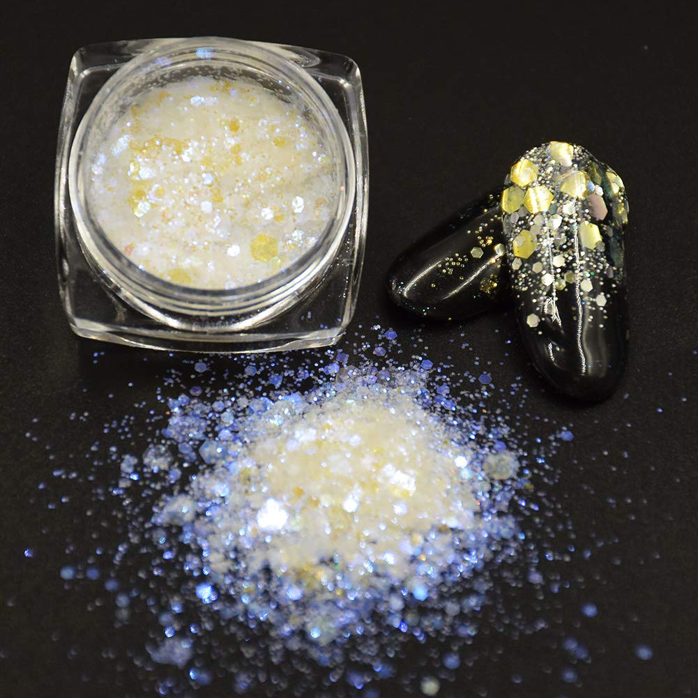 Minejin Nail Glitter Holographic Chunky Flakies Ultra-Thin Iridescent Charming Sequins Powder Tips 12 Jar