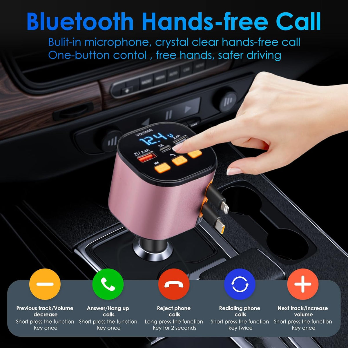 Retractable Car Charger,5 in 1 Fast Car Phone Charger 90W,Bluetooth 5.3 FM Transmitter Adapter,Handsfree Call,2 Retractable Cables and USB Cars Chargers for iPhone 15/14/13 (Pink)