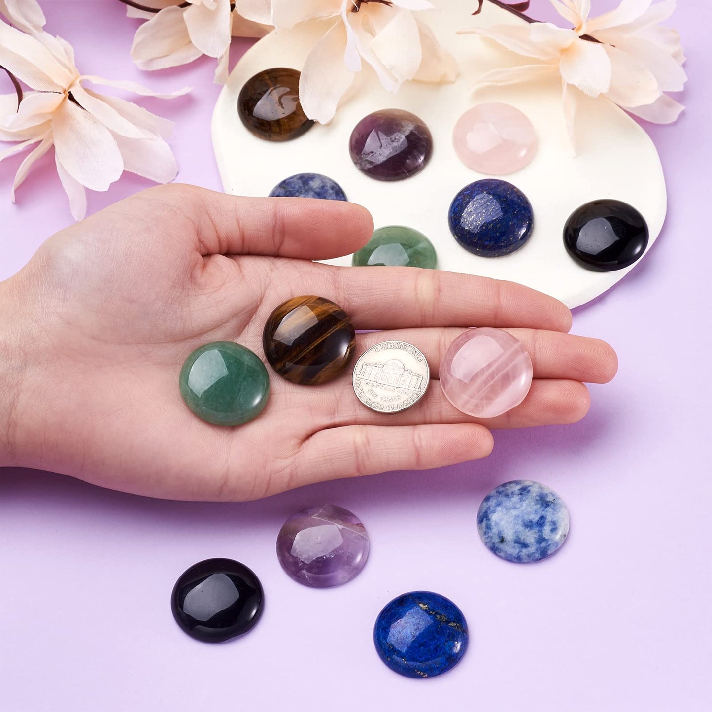 Fashewelry 14pcs Natural Gemstone Cabochons 25mm Mixed Flat Back Crystal Stone Cab Covers Dome Chakra Healing Stone Beads for Earring Pendant Bookmark Cabochon Setting Jewelry Making Supplies
