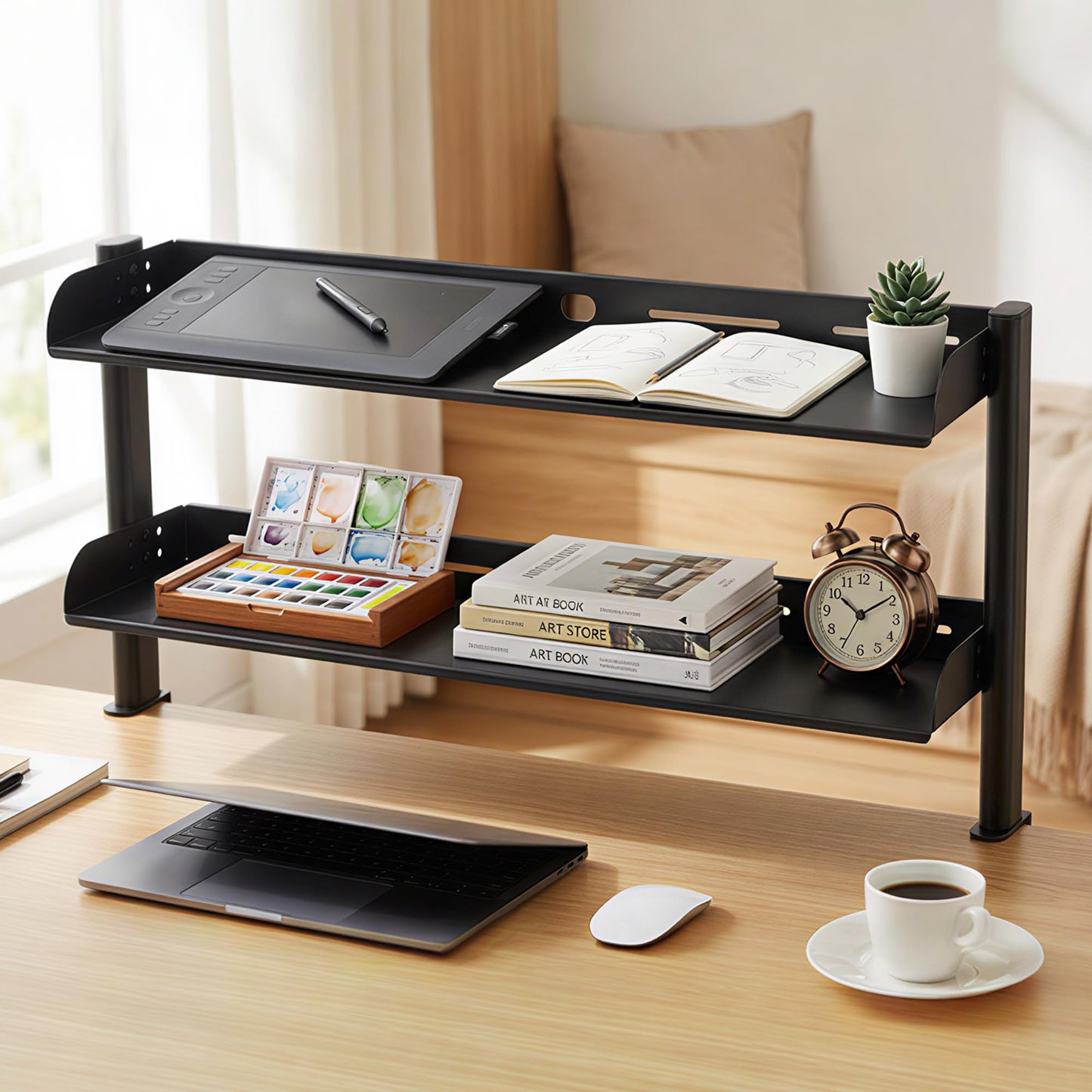 MLLNFUE 24-Inch Clamp On Desktop Shelf, 2-Tier Office Desk Organizer, Extended Compact Desk Shelf for Home Workspace, Study Room, and Gaming Accessories Storage